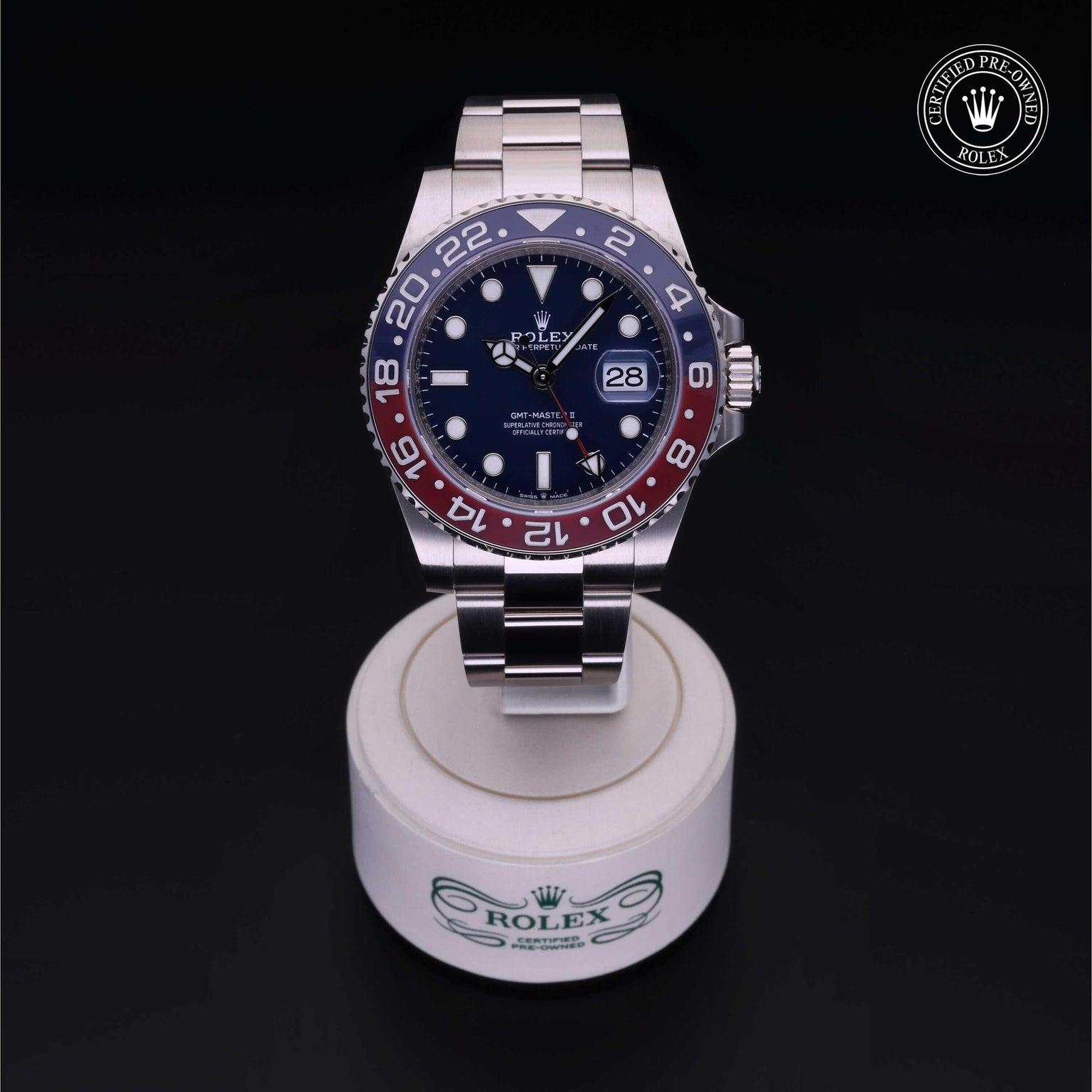 Rolex Certified Pre-owned GMT M126719BLRO-0003 front on black background