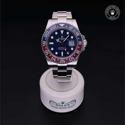 Rolex Certified Pre-owned GMT M126719BLRO-0003 front on black background
