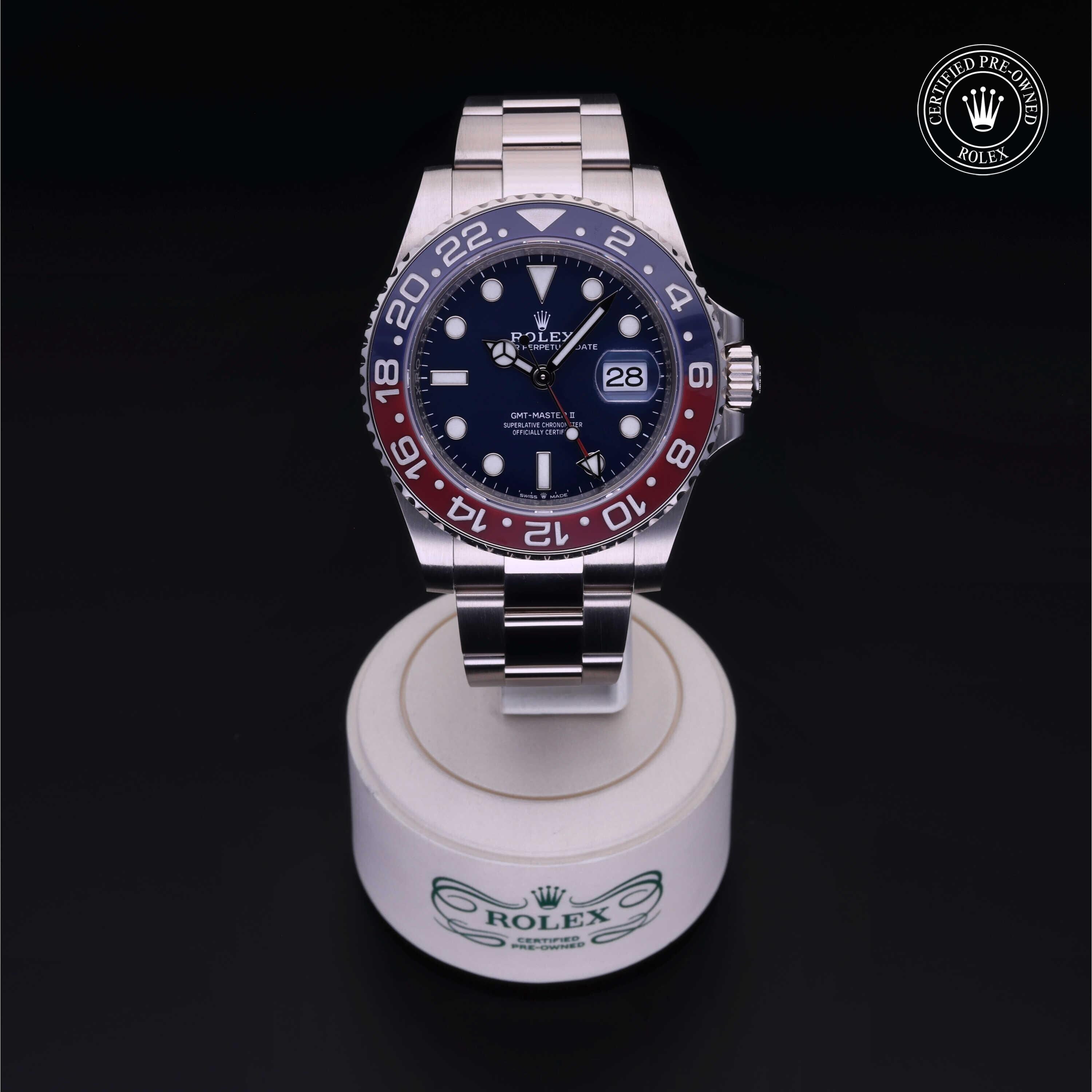 Rolex Certified Pre-owned GMT M126719BLRO-0003 front on black background