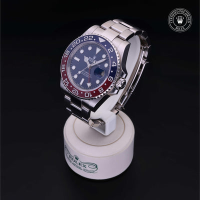 Rolex Certified Pre-owned GMT M126719BLRO-0003 front on black background