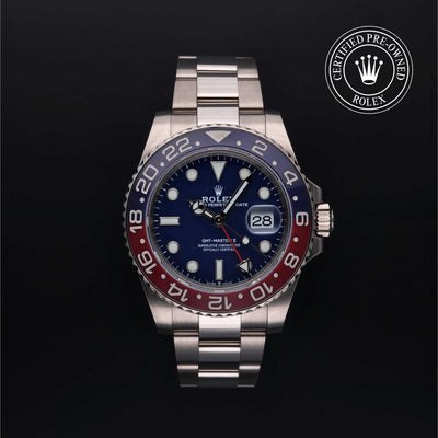Rolex Certified Pre-owned GMT M126719BLRO-0003 front on black background