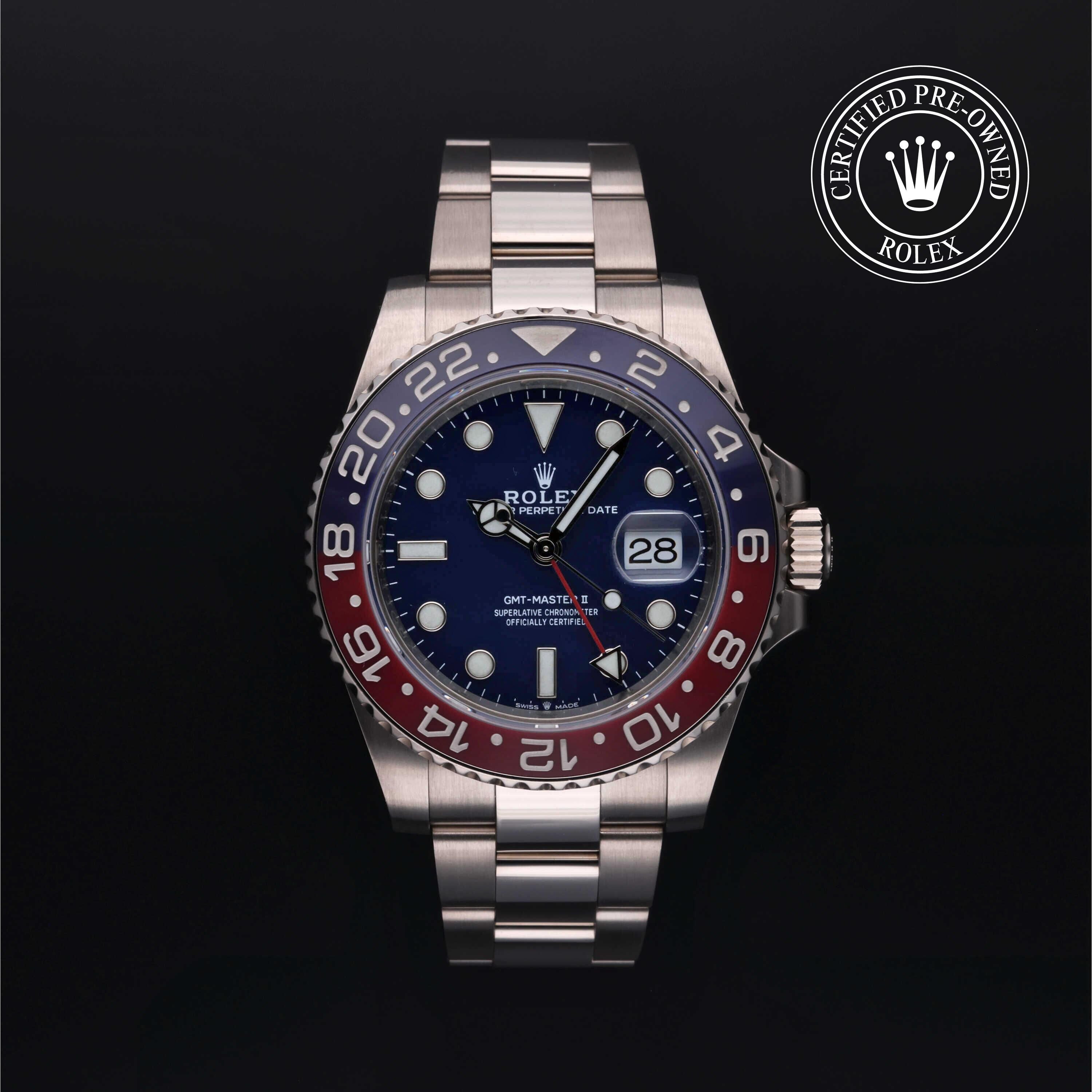 Rolex Certified Pre-owned GMT M126719BLRO-0003 front on black background