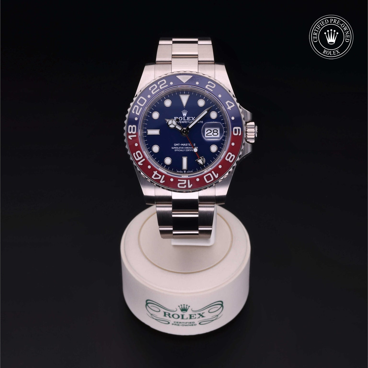 Rolex Certified Pre-owned GMT M126719BLRO-0003 front on black background