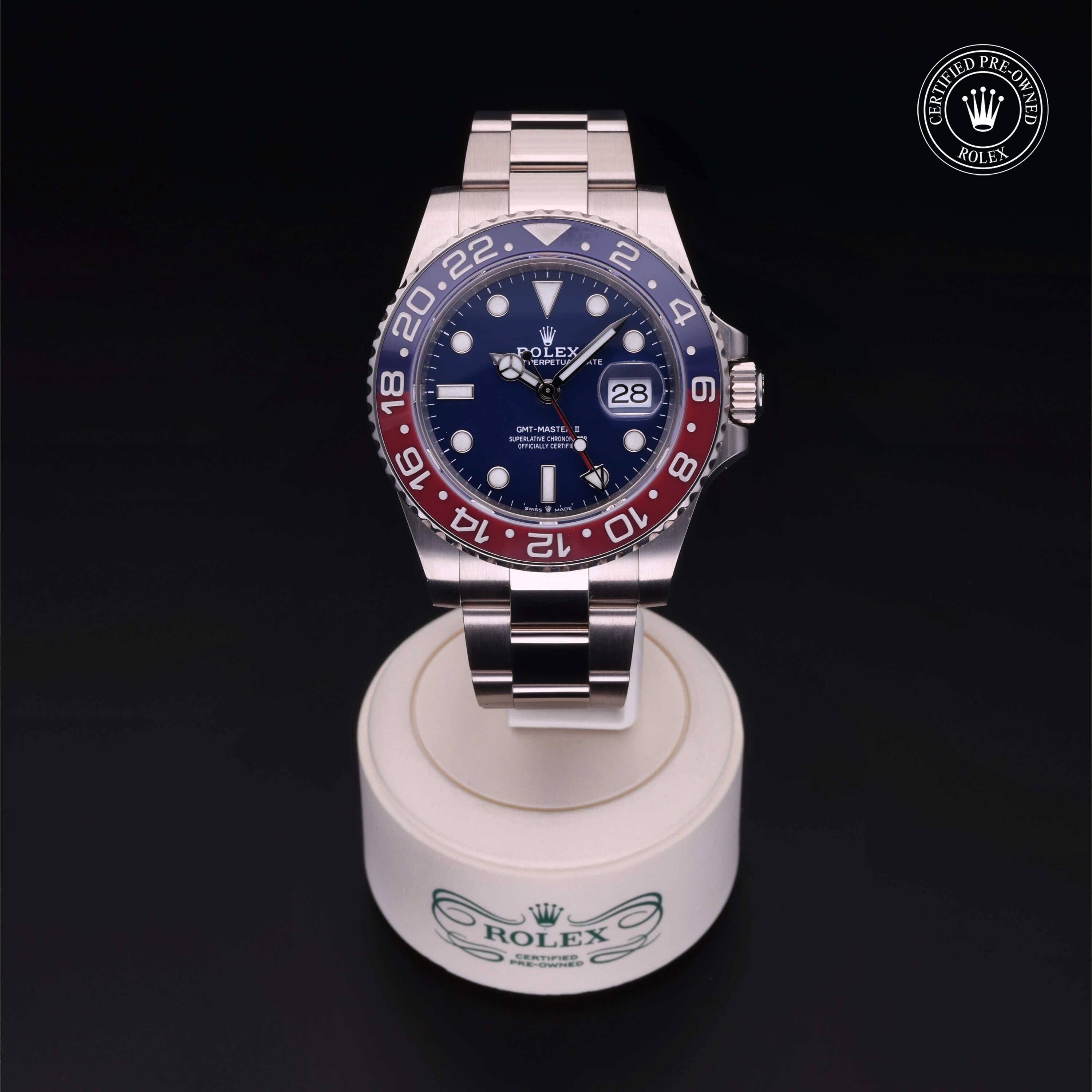 Rolex Certified Pre-owned GMT M126719BLRO-0003 front on black background