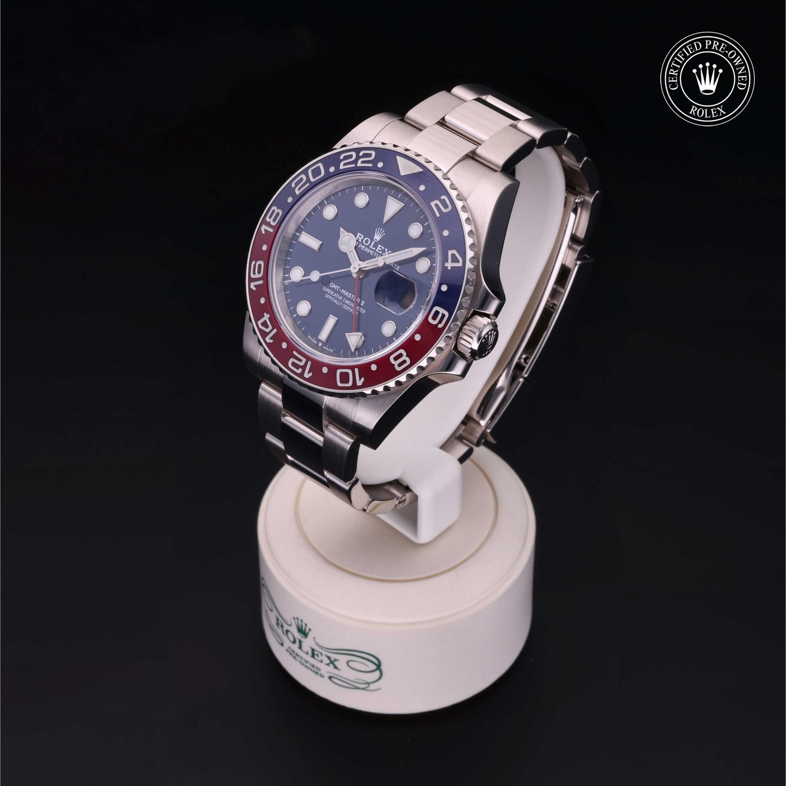 Rolex Certified Pre-owned GMT M126719BLRO-0003 front on black background