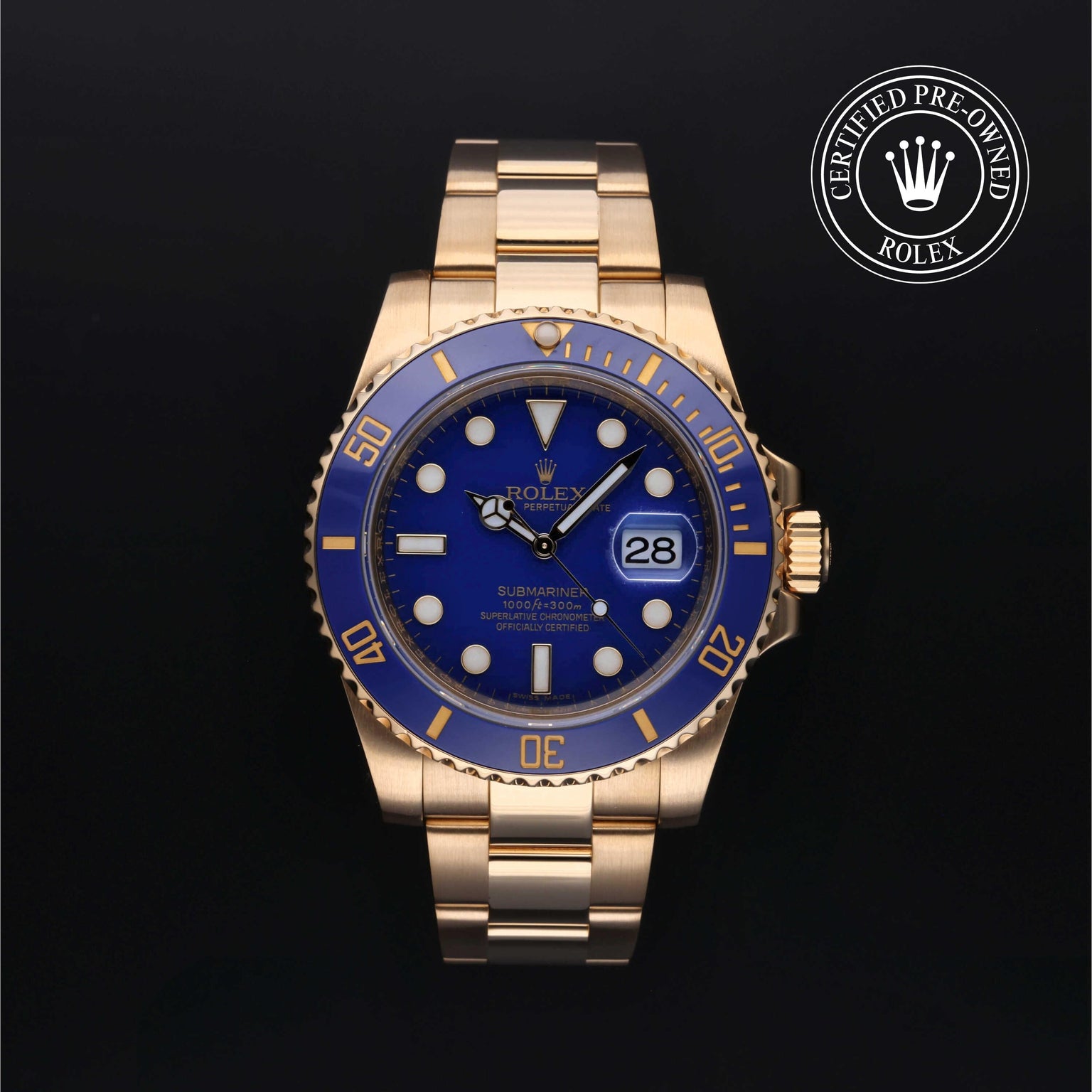 Rolex Certified Pre-owned Submariner M116618LB-0001 front on black background
