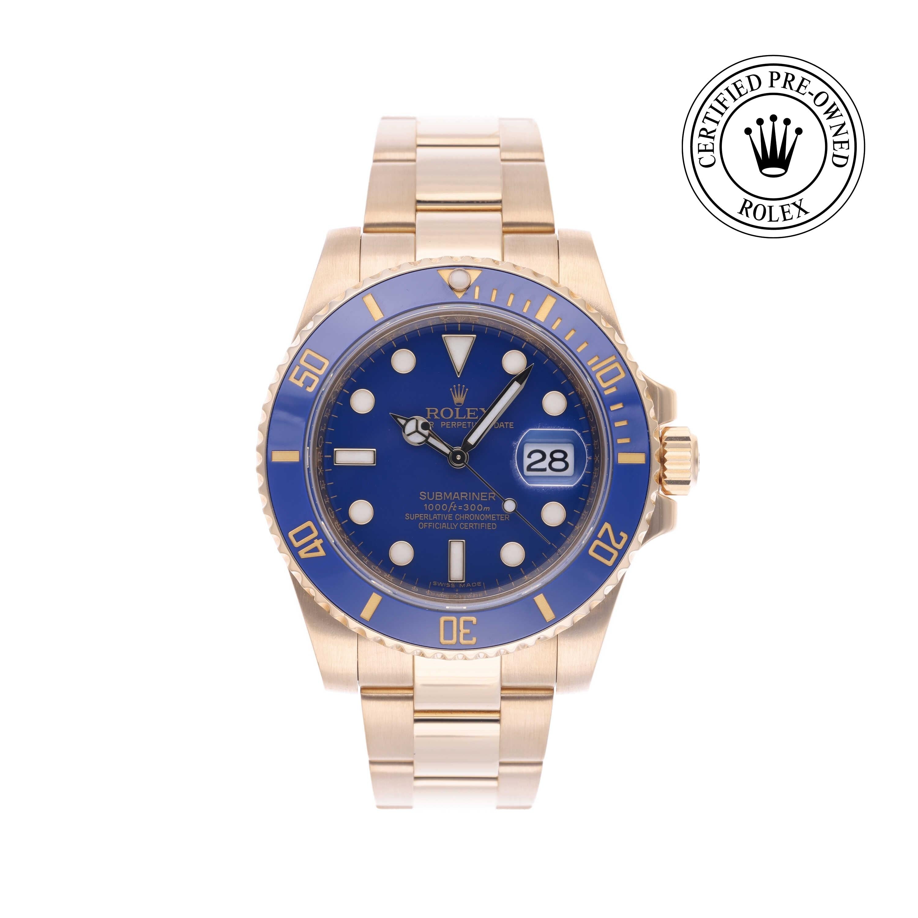 Rolex Certified Pre-owned Submariner M116618LB-0001 front on white background