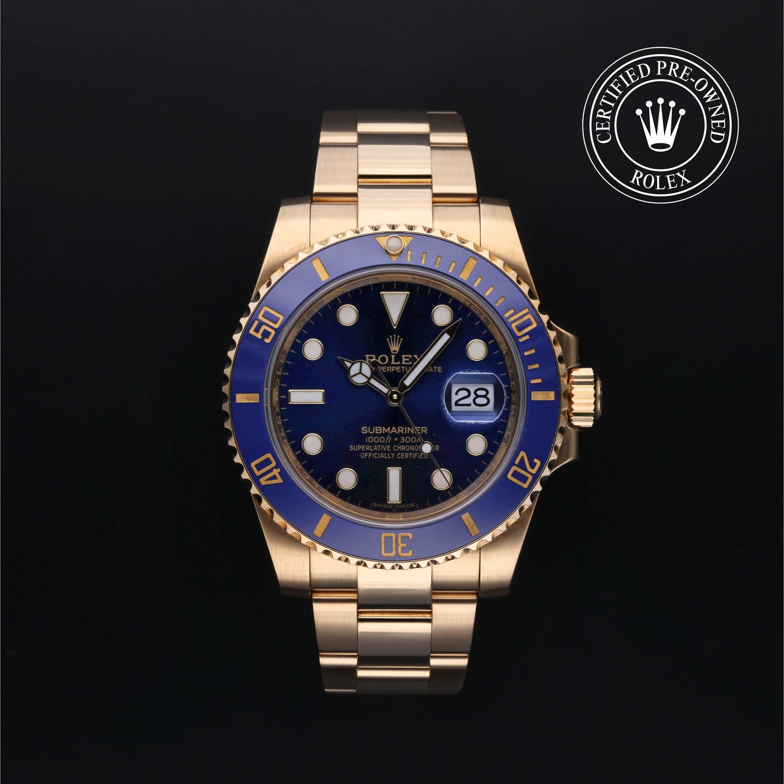 Rolex Certified Pre-owned Submariner M116618LB-0003 front on black background