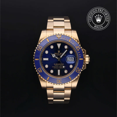 Rolex Certified Pre-owned Submariner M116618LB-0003 front on black background