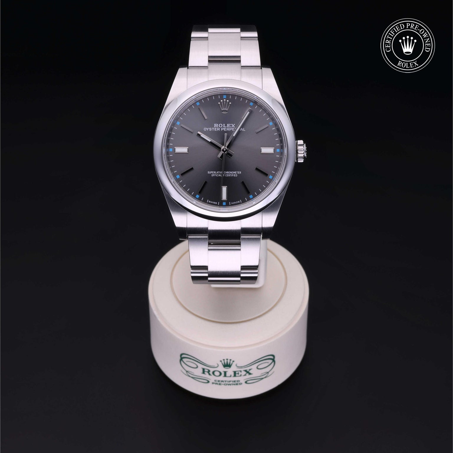 Rolex Certified Pre-owned Oyster Perpetual M114300-0001 front on black background