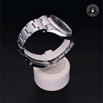 Rolex Certified Pre-owned Oyster Perpetual M114300-0001 front on black background
