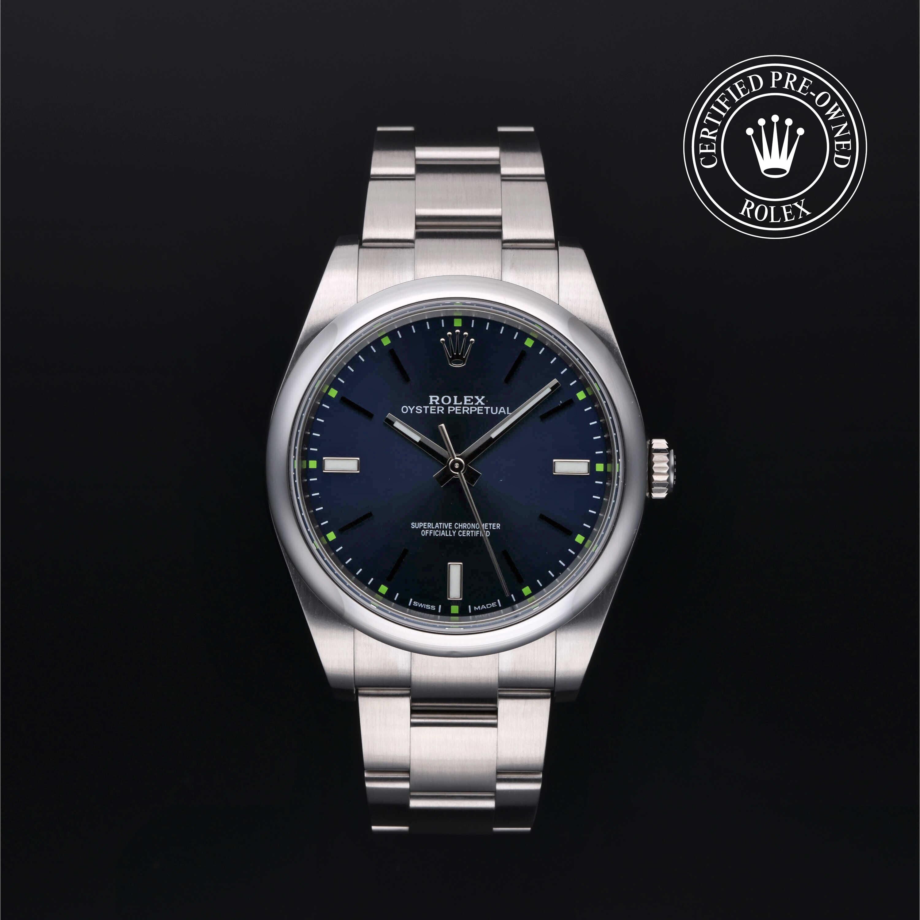Rolex Certified Pre-owned Oyster Perpetual M114300-0003 front on black background