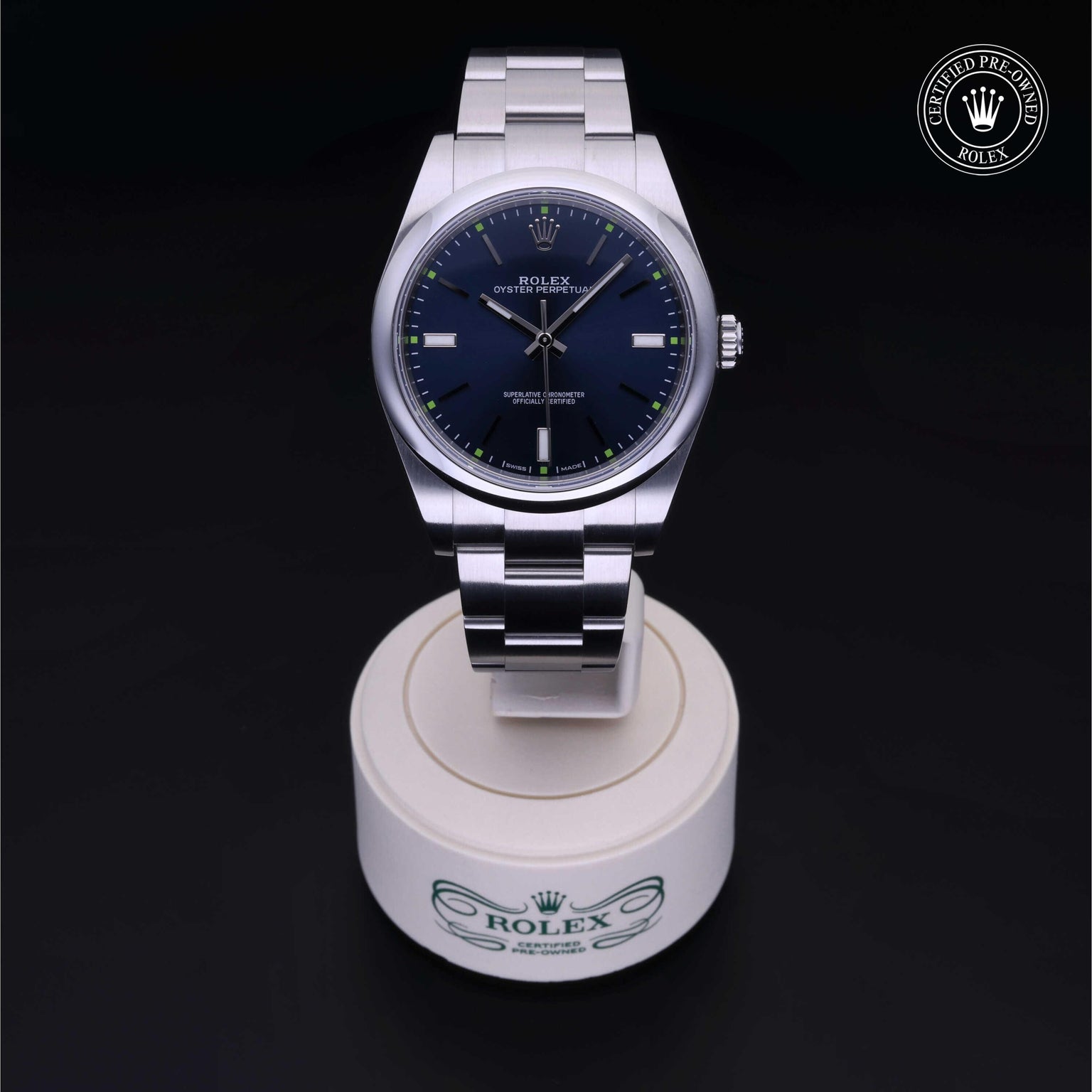 Rolex Certified Pre-owned Oyster Perpetual M114300-0003 front on black background