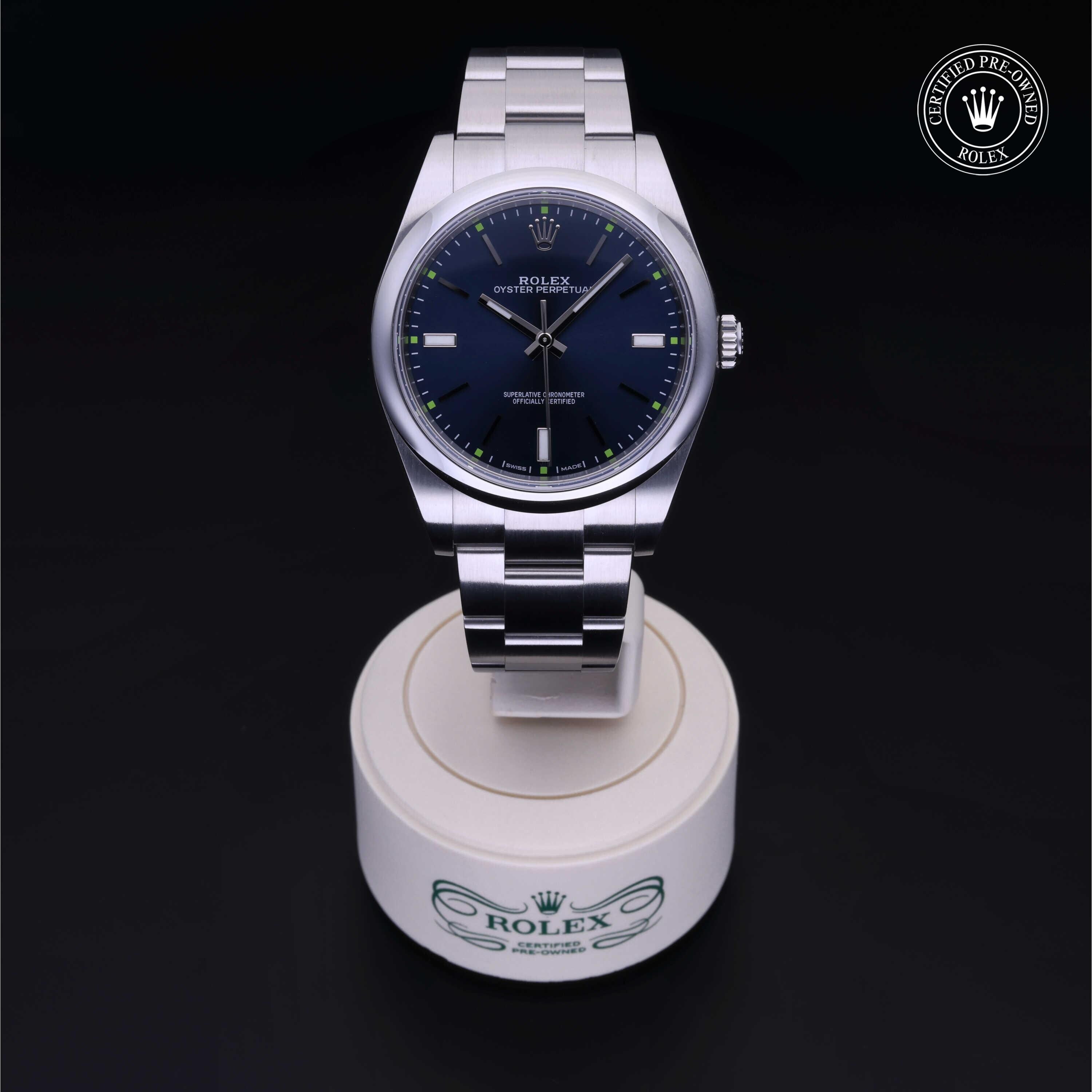 Rolex Certified Pre-owned Oyster Perpetual M114300-0003 front on black background