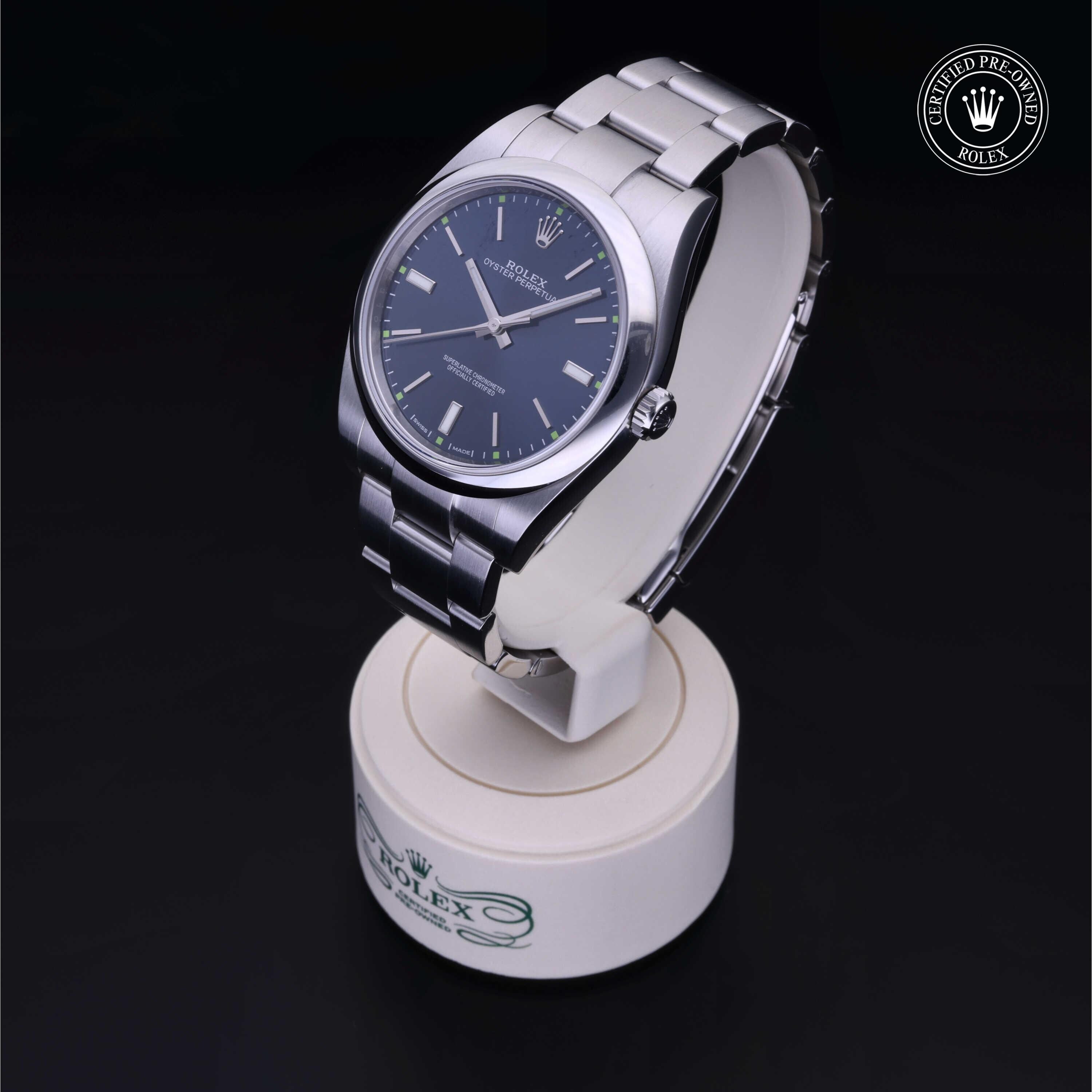 Rolex Certified Pre-owned Oyster Perpetual M114300-0003 front on black background