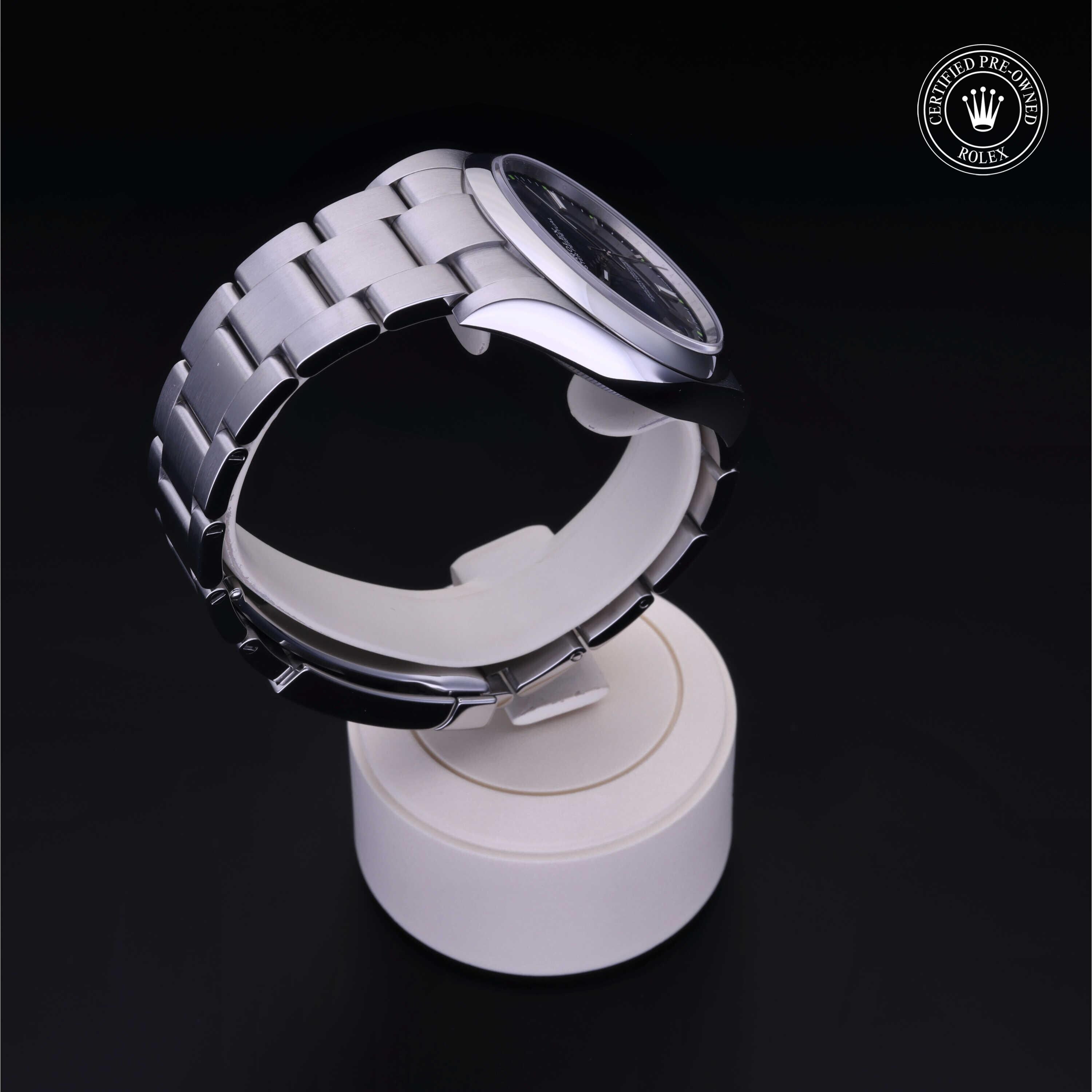 Rolex Certified Pre-owned Oyster Perpetual M114300-0003 front on black background