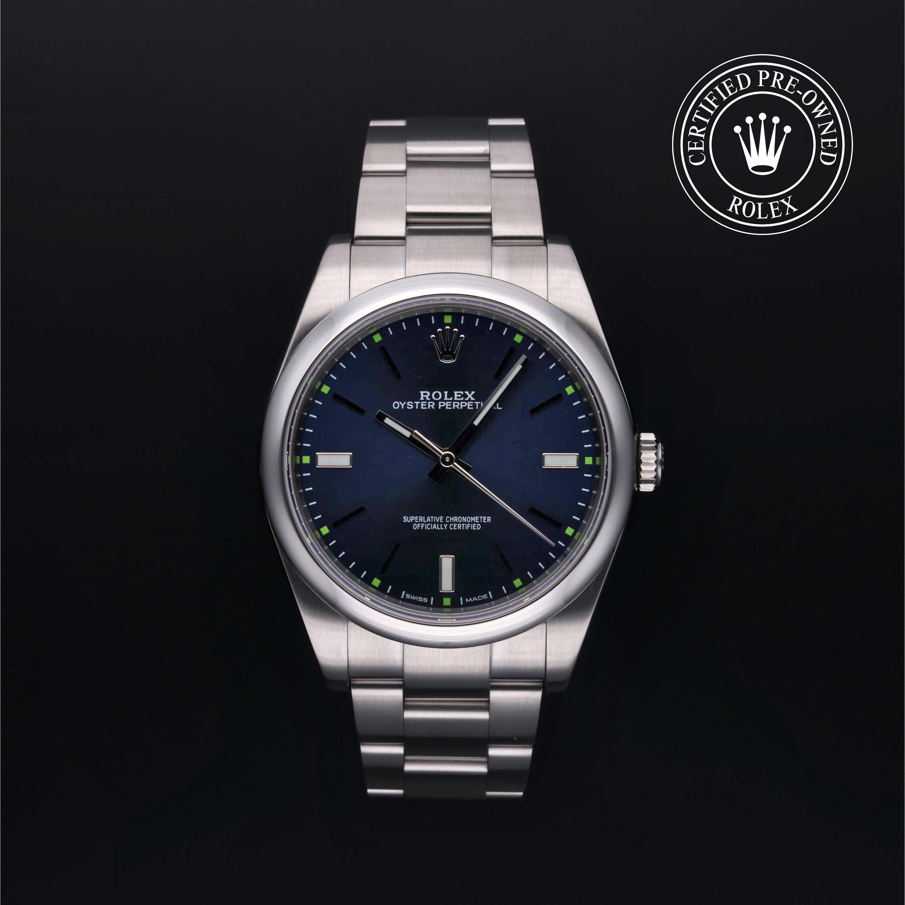 Rolex Certified Pre-owned Oyster Perpetual M114300-0003 front on black background