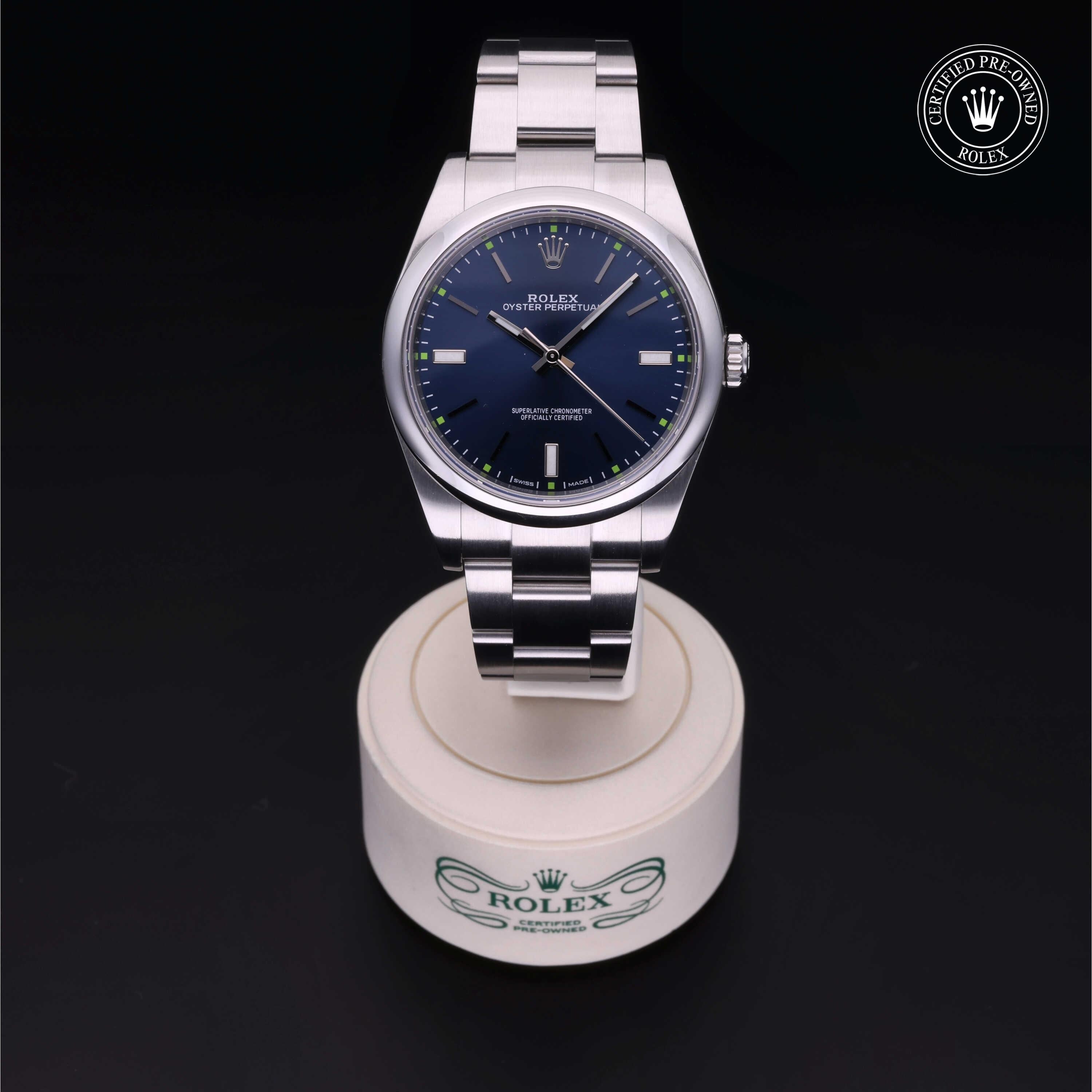 Rolex Certified Pre-owned Oyster Perpetual M114300-0003 front on black background