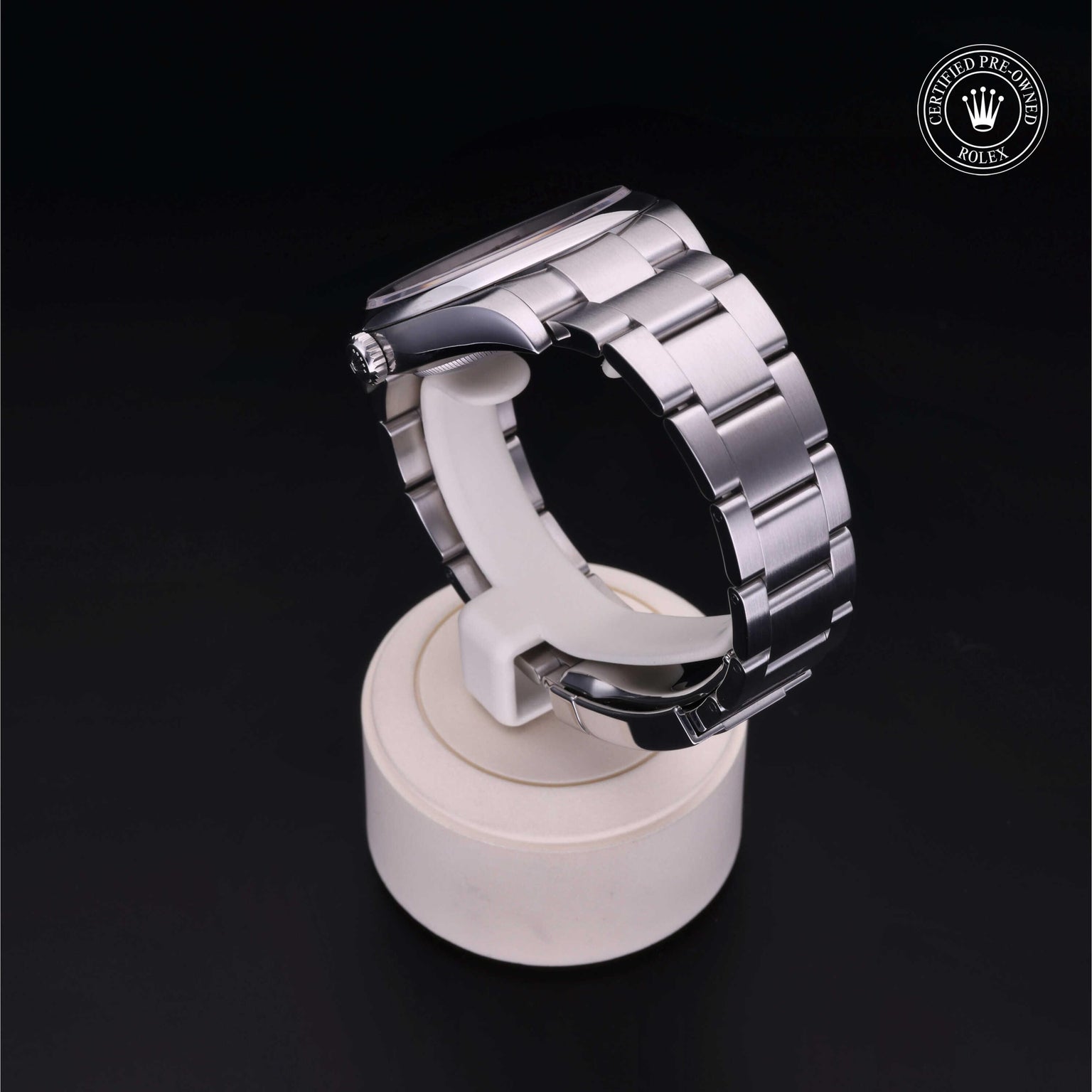 Rolex Certified Pre-owned Oyster Perpetual M114300-0003 front on black background