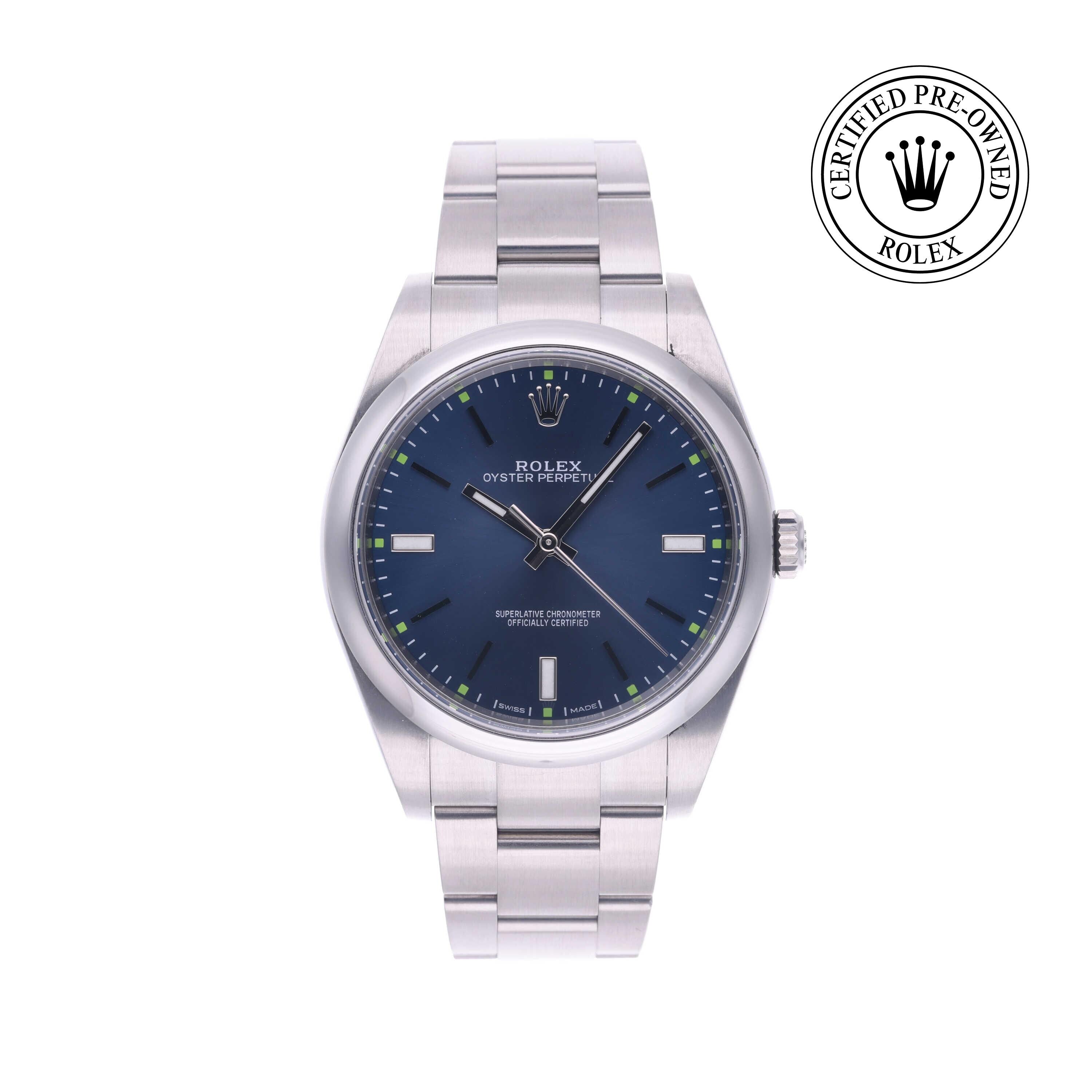 Rolex Certified Pre-owned Oyster Perpetual M114300-0003 front on white background