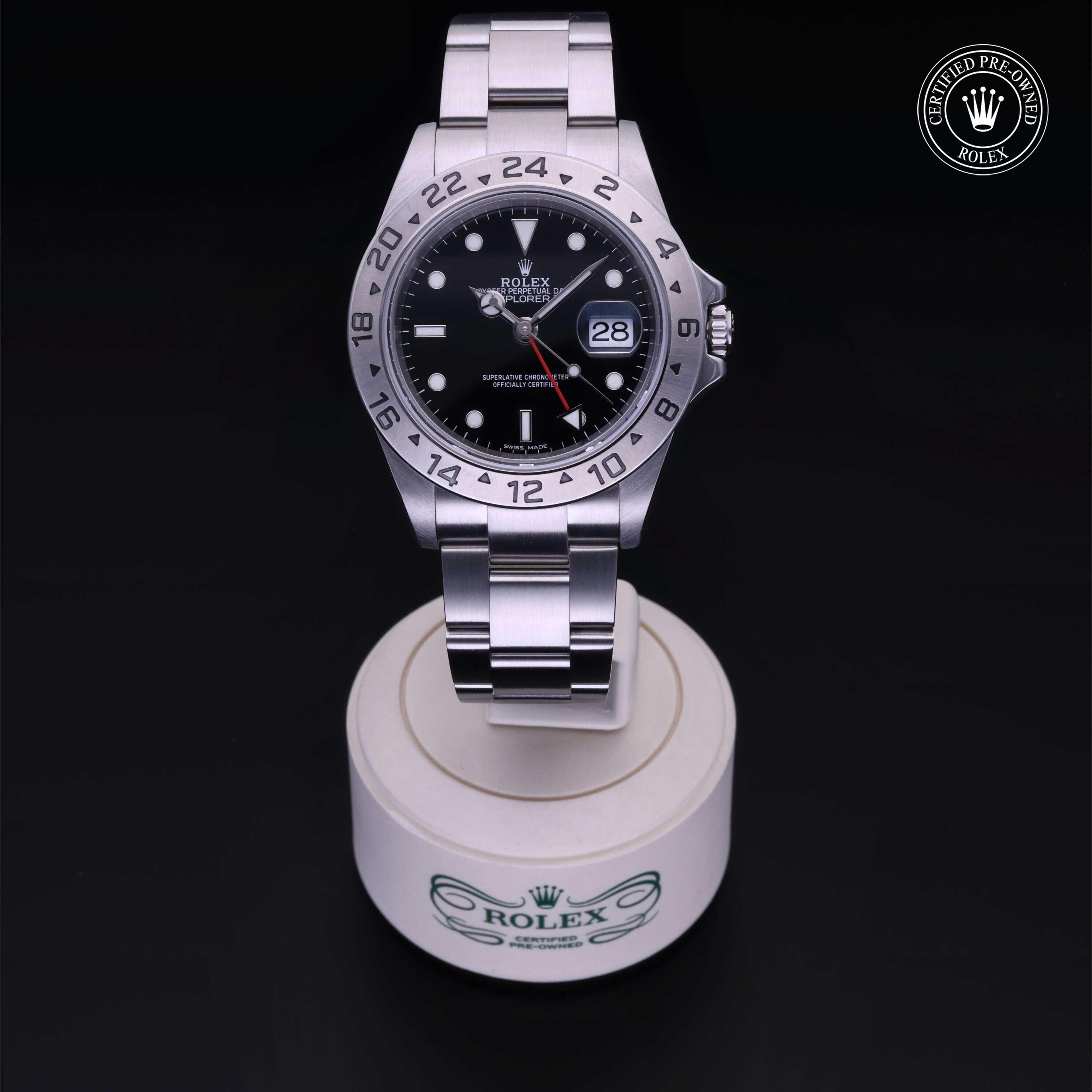 Rolex Certified Pre-owned Explorer M16570-0005 front on black background