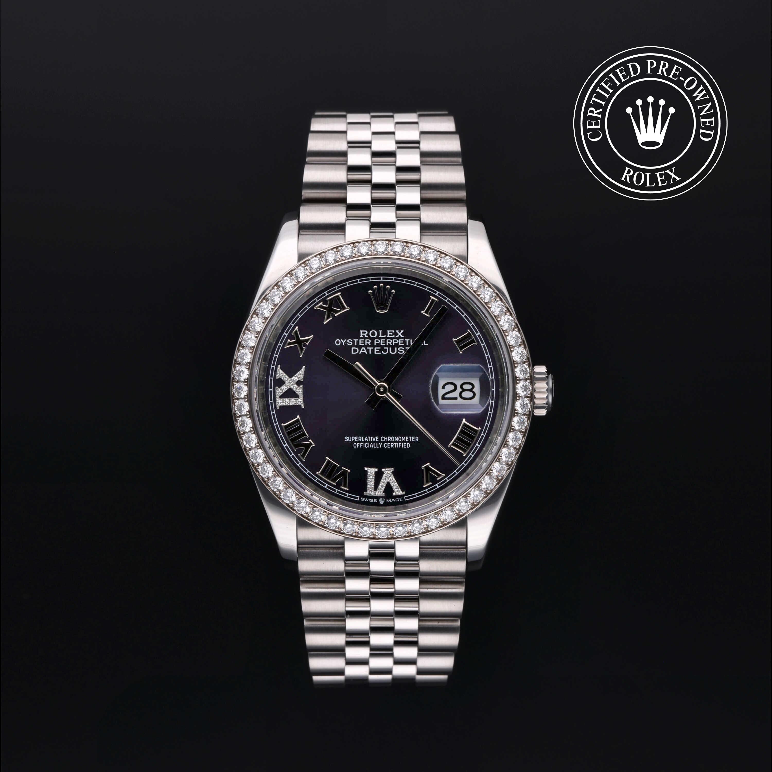Rolex Certified Pre-owned Datejust M126284RBR-0013 front on black background