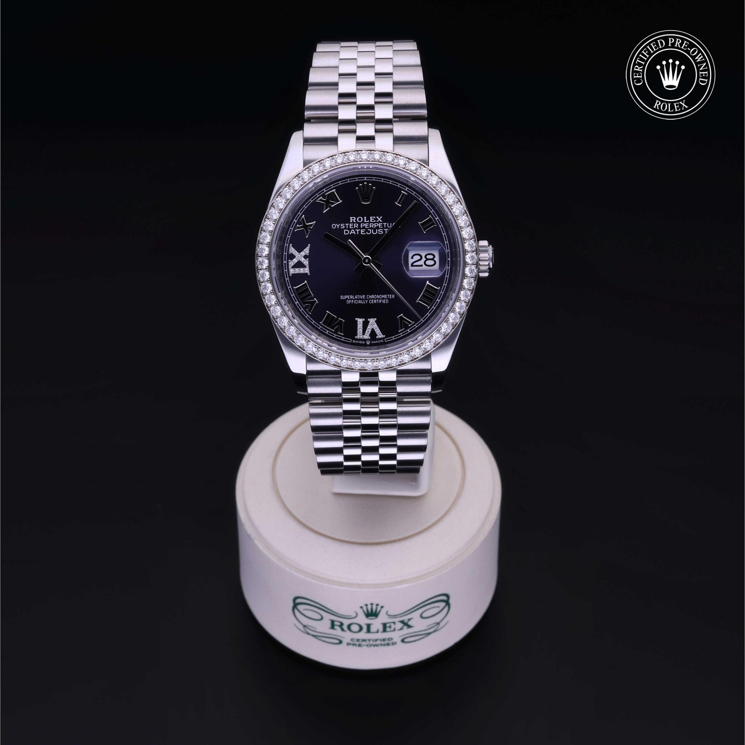Rolex Certified Pre-owned Datejust M126284RBR-0013 front on black background