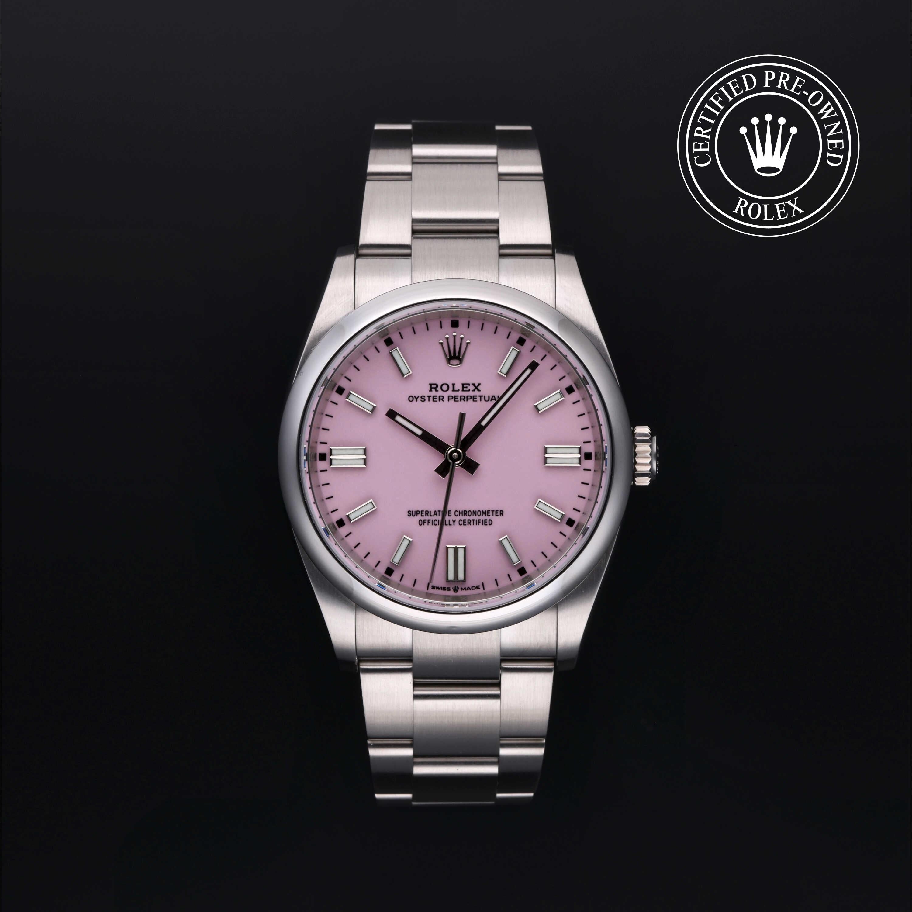 Rolex Certified Pre-owned Oyster Perpetual M126000-0008 front on black background
