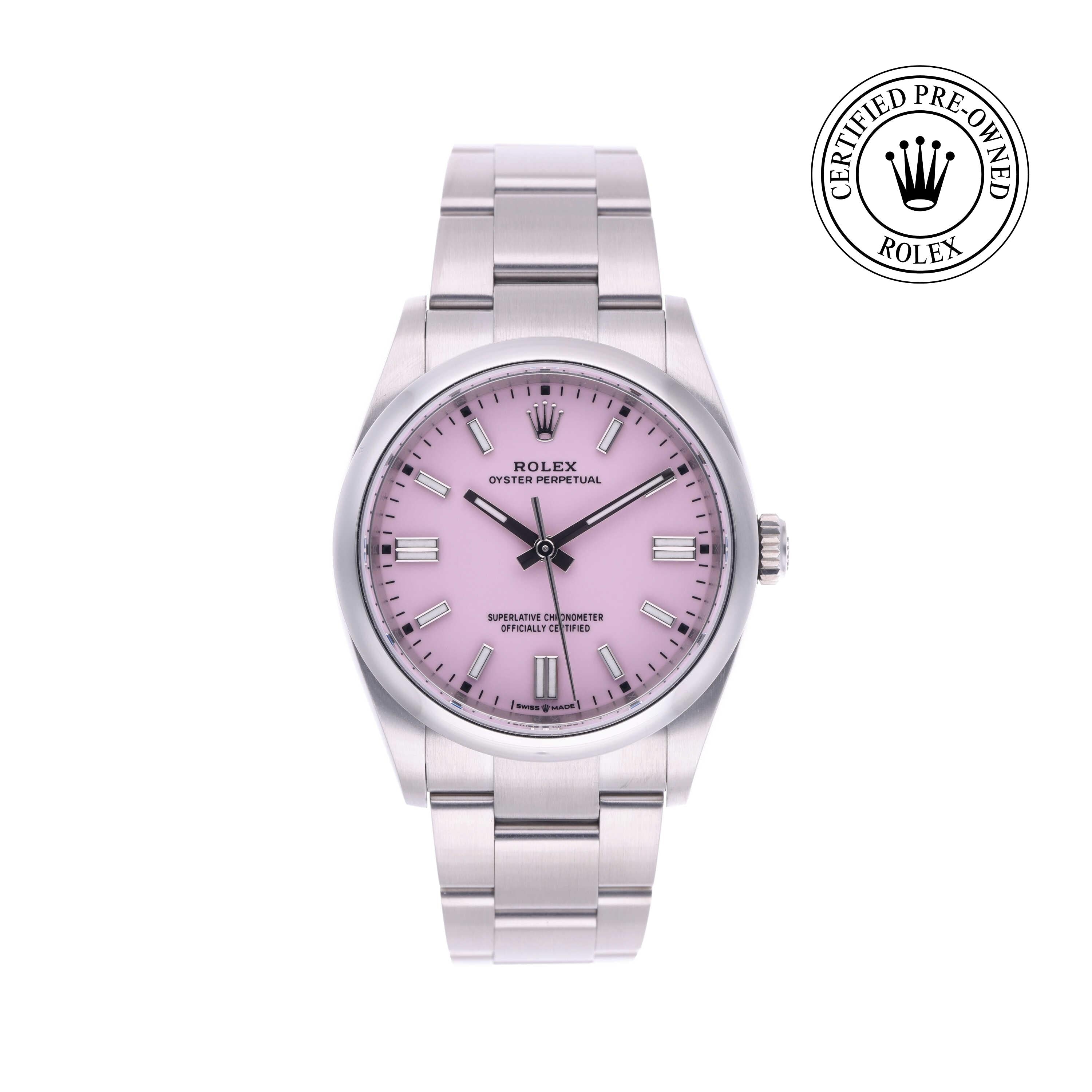Rolex Certified Pre-owned Oyster Perpetual M126000-0008 front on white background