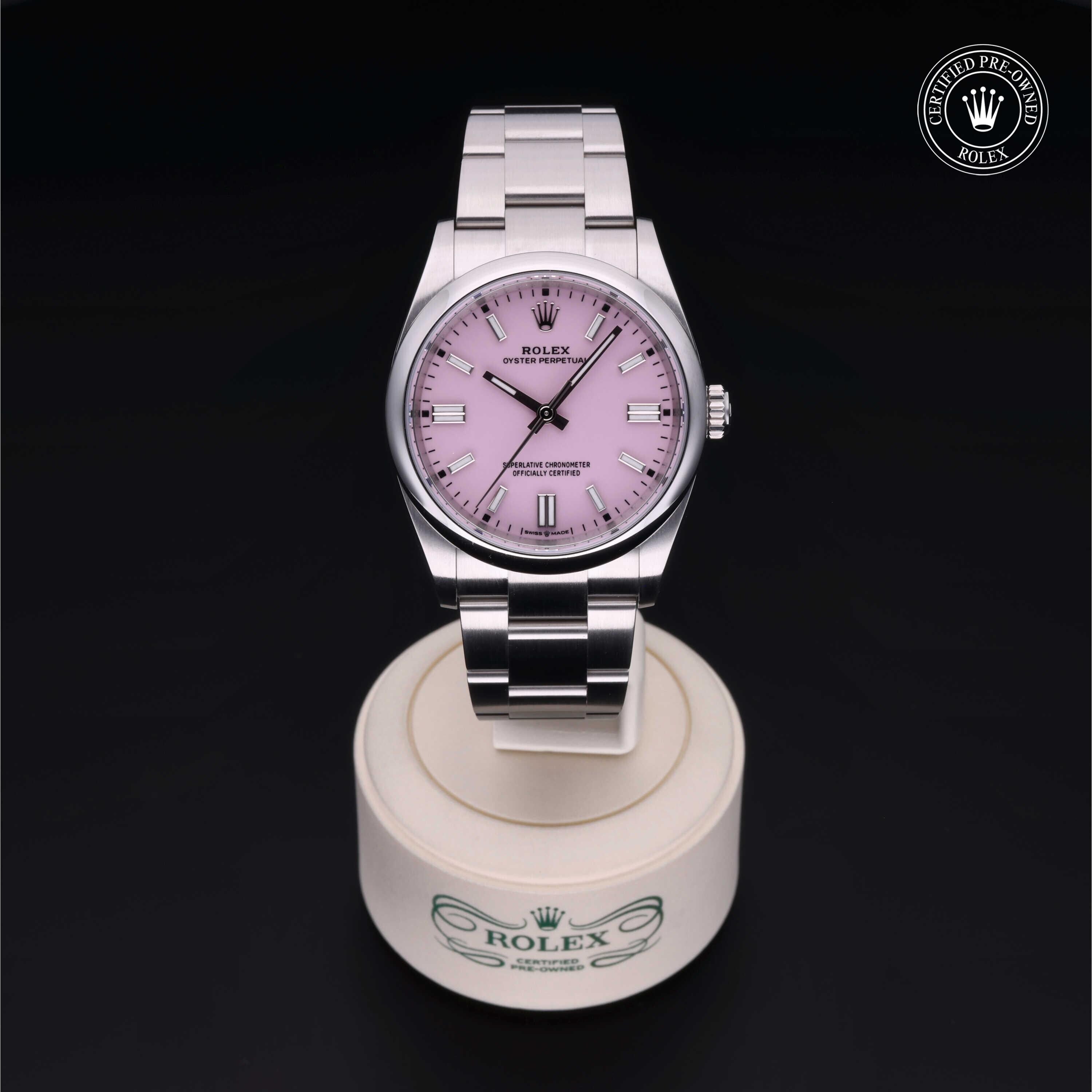 Rolex Certified Pre-owned Oyster Perpetual M126000-0008 front on black background