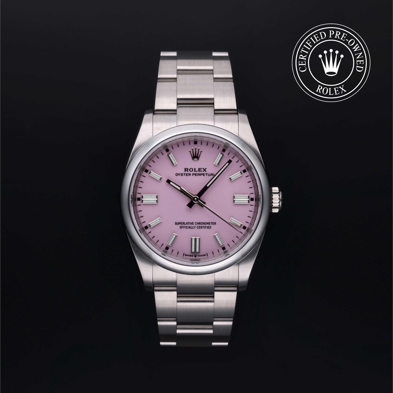 Rolex Certified Pre-owned Oyster Perpetual M126000-0008 front on black background