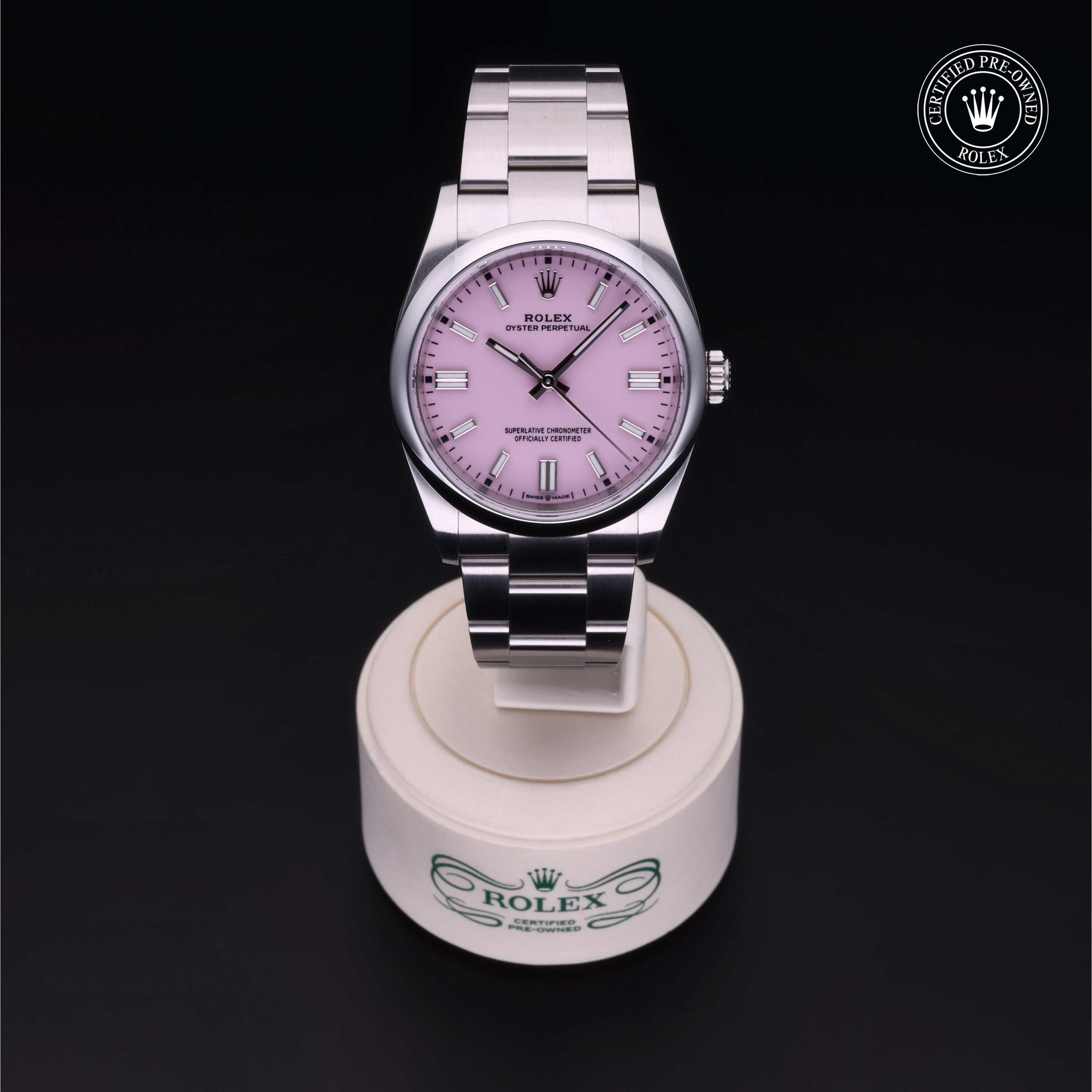 Rolex Certified Pre-owned Oyster Perpetual M126000-0008 front on black background
