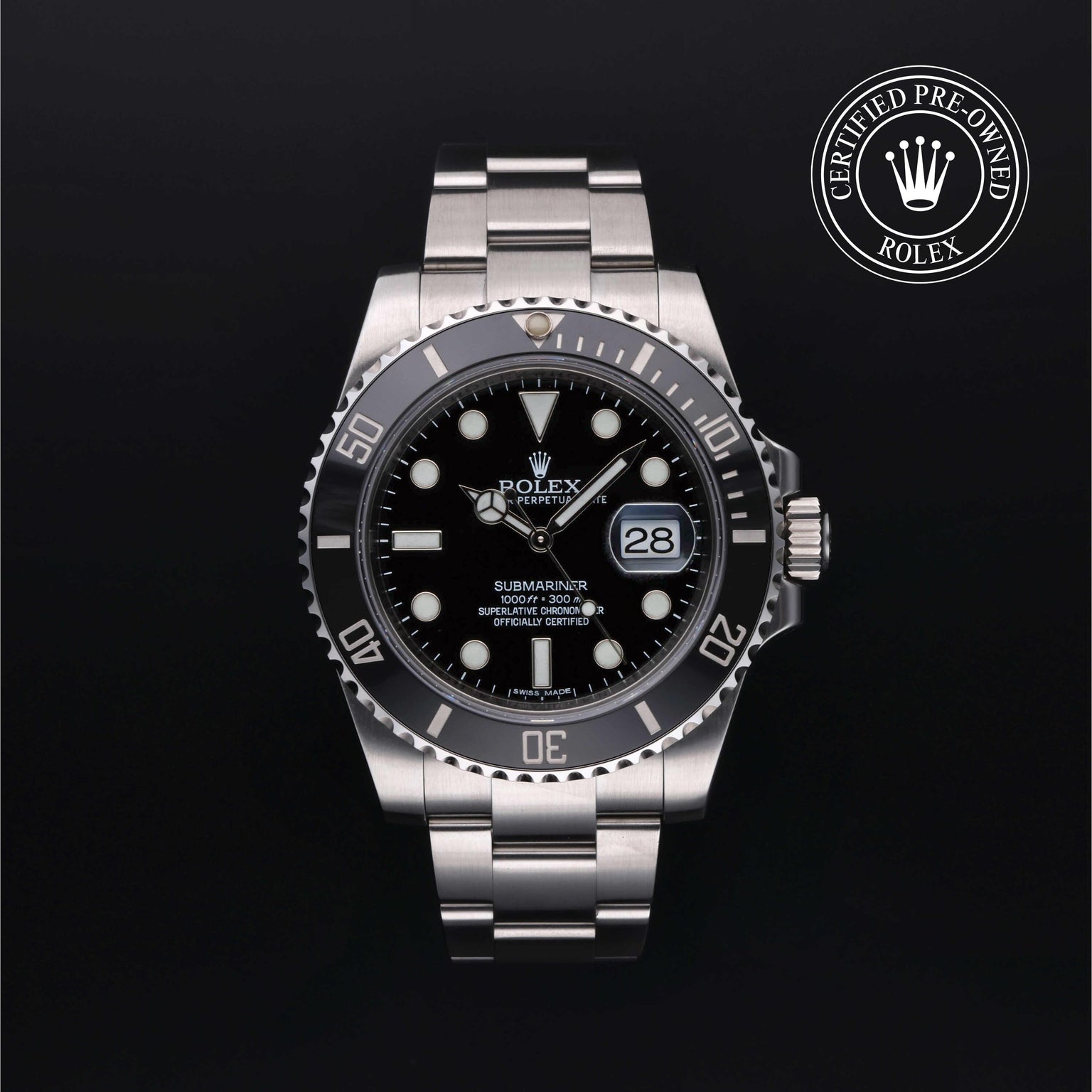 Rolex Certified Pre-owned Submariner M116610LN-0001 front on black background
