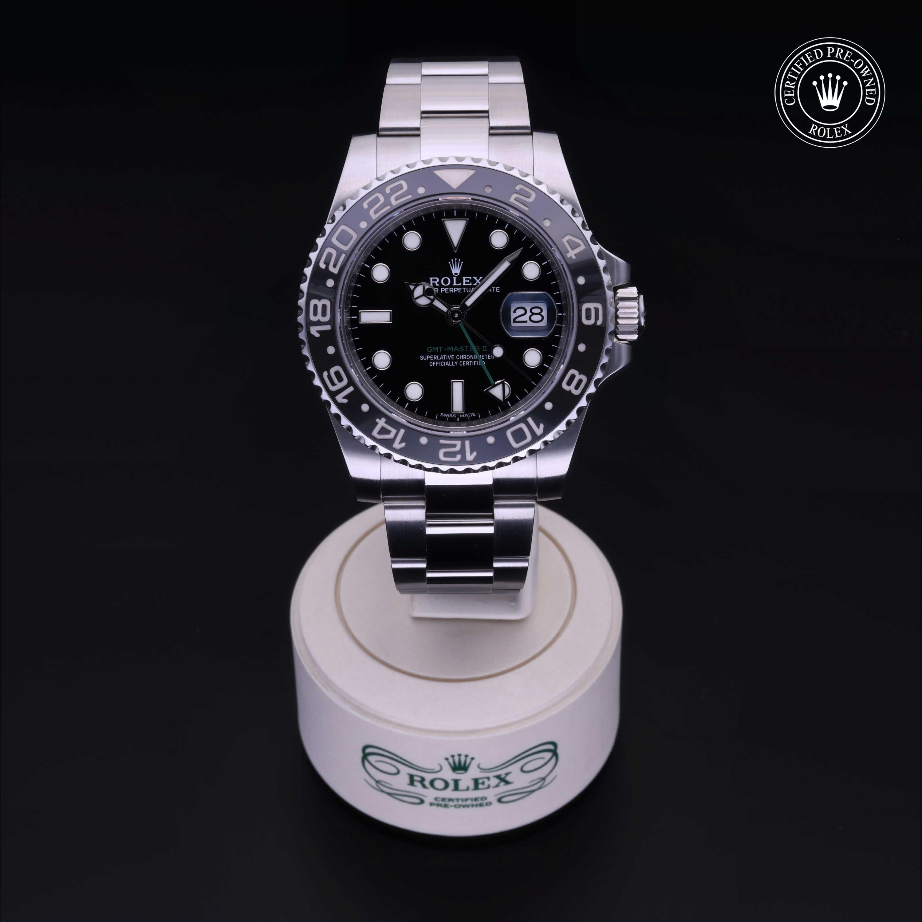 Rolex Certified Pre-owned GMT M116710LN-0001 front on black background