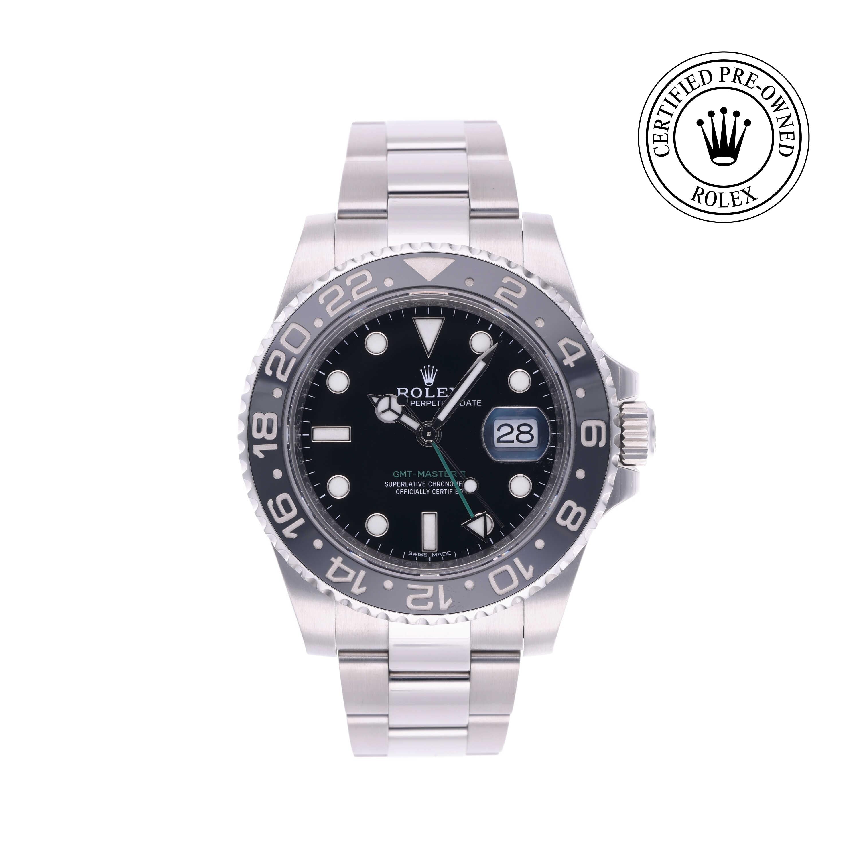 Rolex Certified Pre-owned GMT M116710LN-0001 front on white background