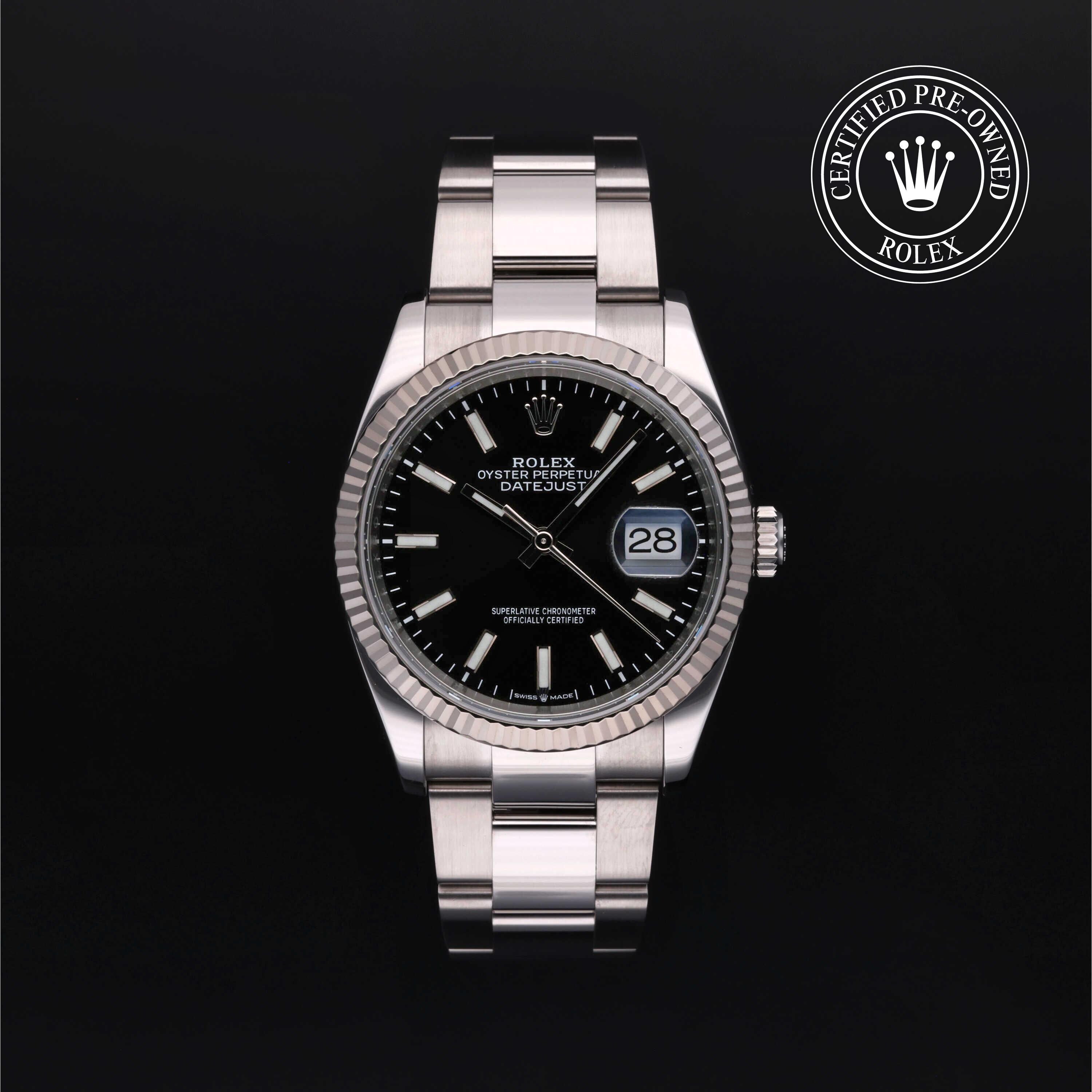 Rolex Certified Pre-owned Datejust M126234-0016 front on black background