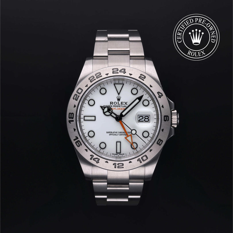 Rolex Certified Pre-owned Explorer II M216570-0001 front on black background