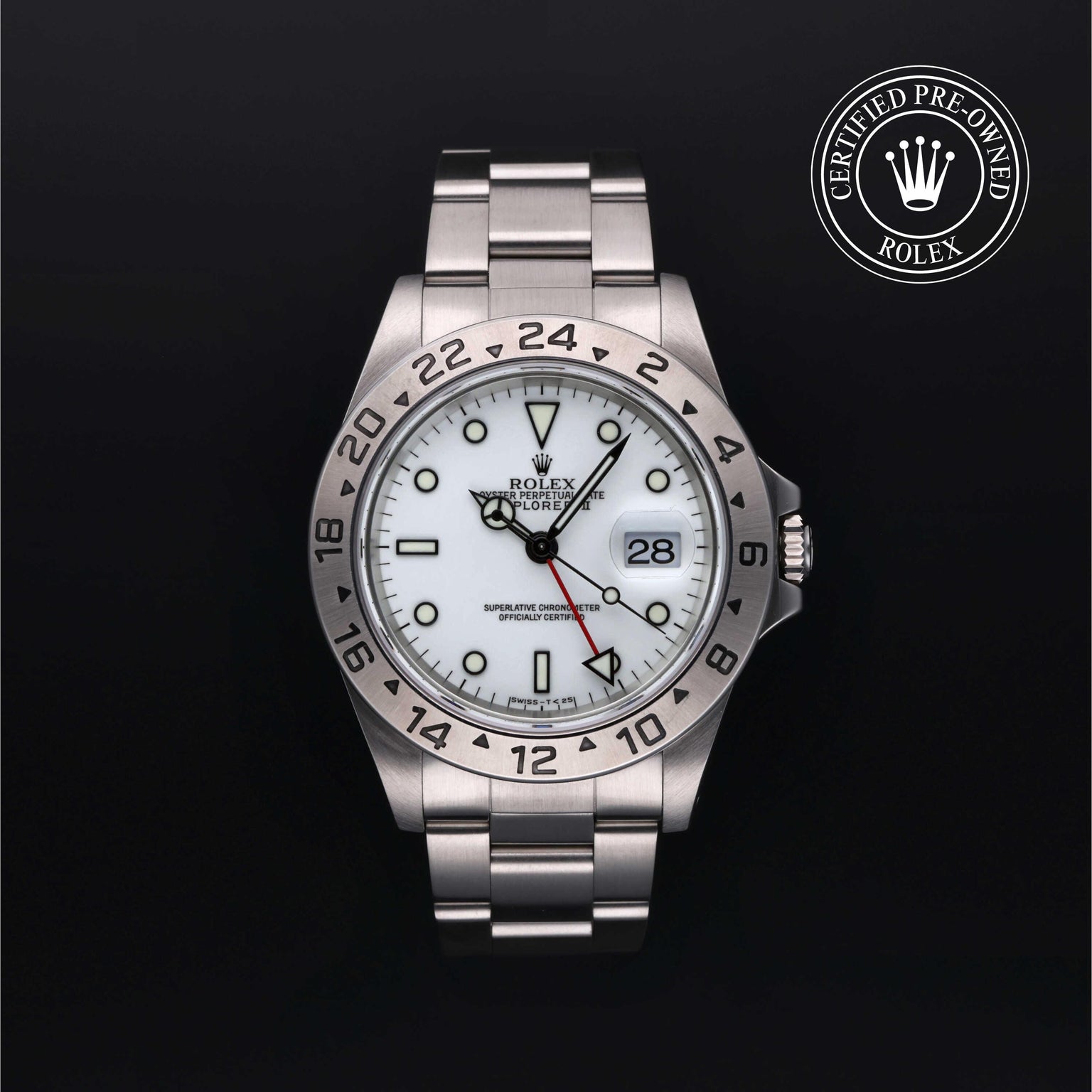 Rolex Certified Pre-owned Explorer M16570-0006 front on black background