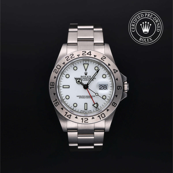 Rolex Certified Pre-owned Explorer M16570-0006 front on black background