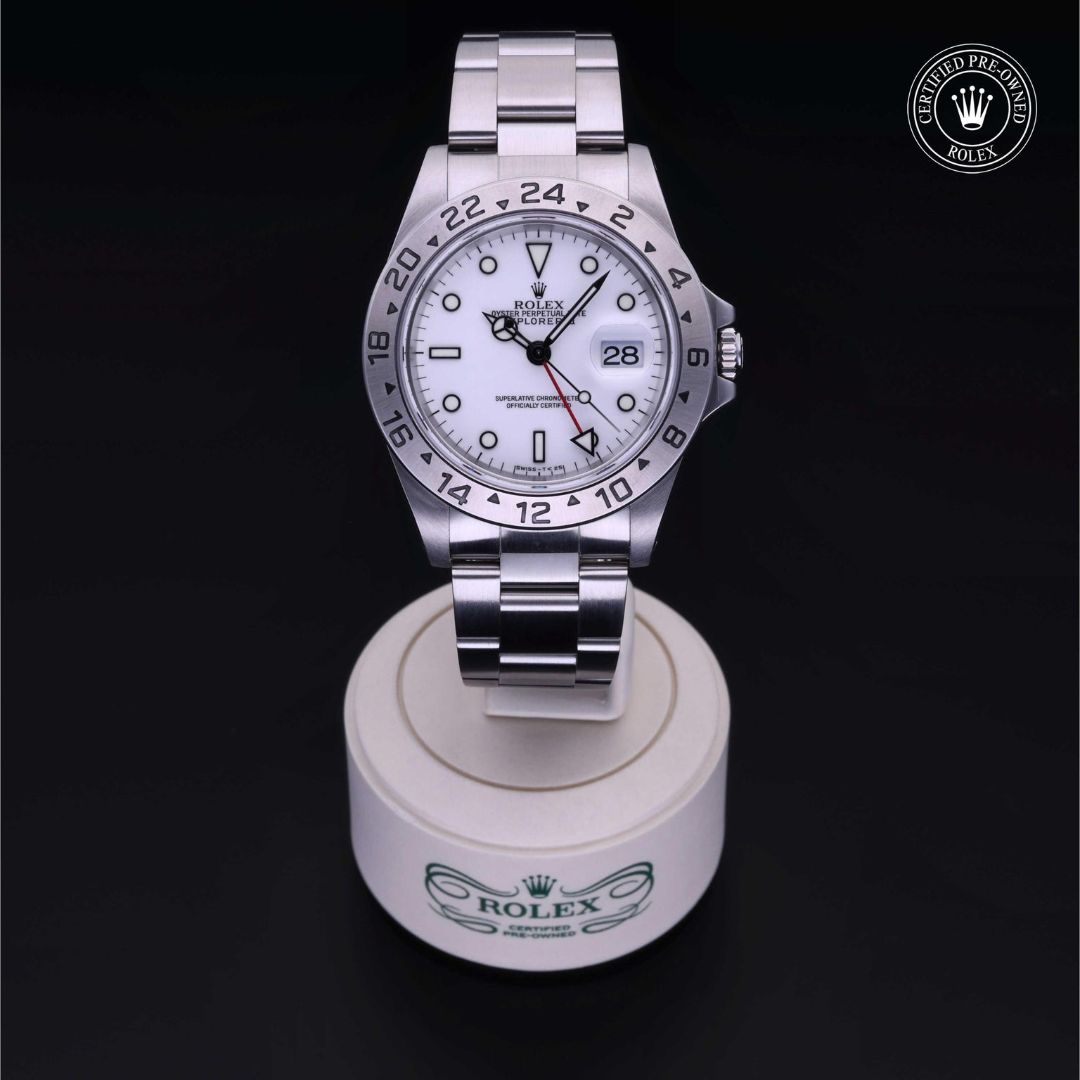 Rolex Certified Pre-owned Explorer M16570-0006 front on black background