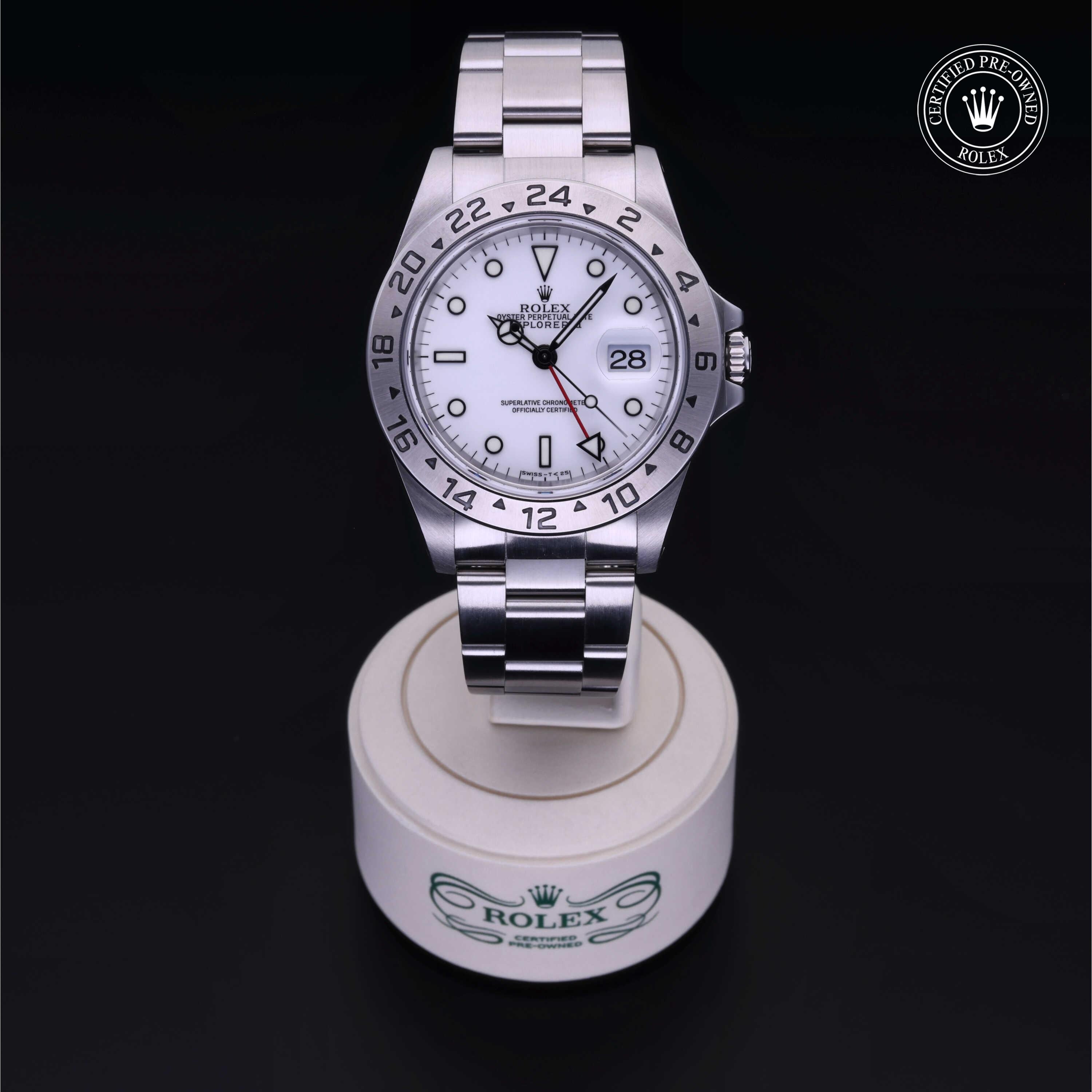 Rolex Certified Pre-owned Explorer M16570-0006 front on black background