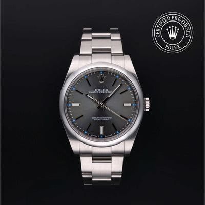 Rolex Certified Pre-owned Oyster Perpetual M114300-0001 front on black background