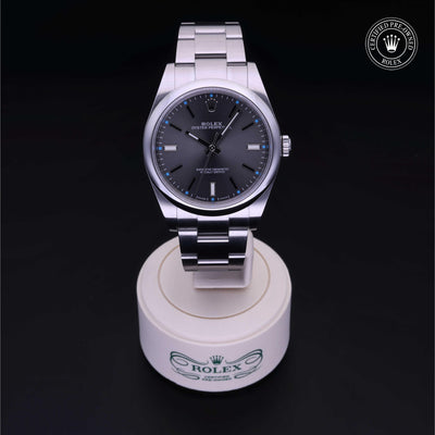 Rolex Certified Pre-owned Oyster Perpetual M114300-0001 front on black background