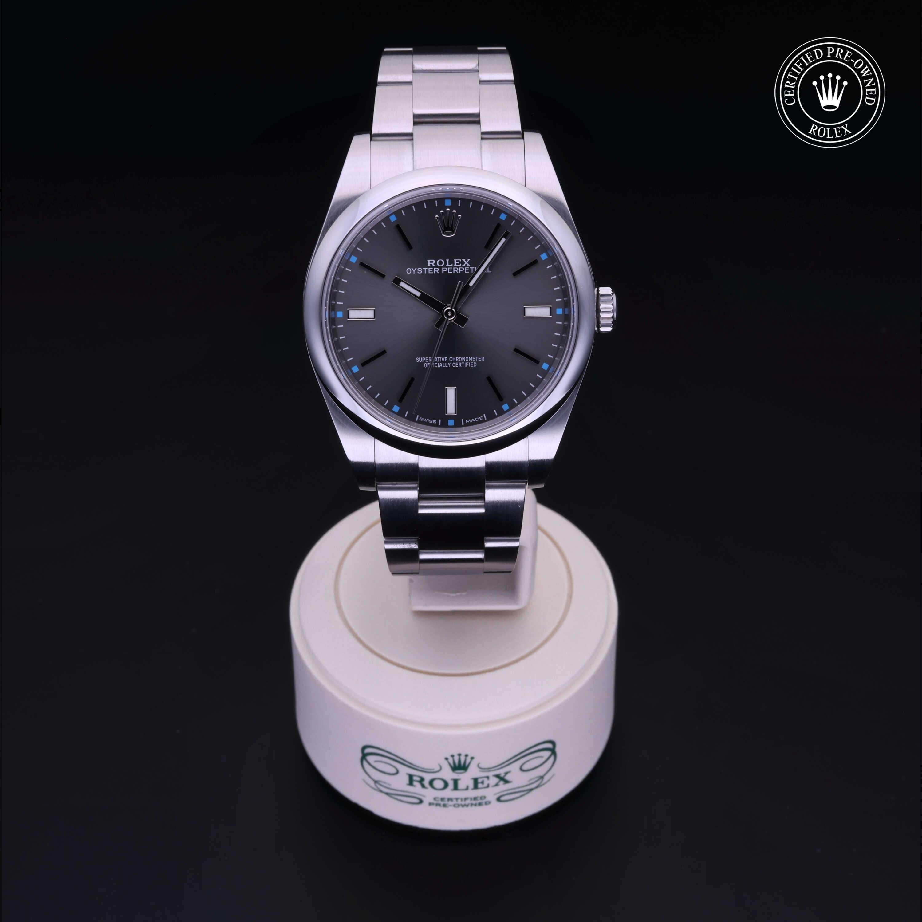 Rolex Certified Pre-owned Oyster Perpetual M114300-0001 front on black background