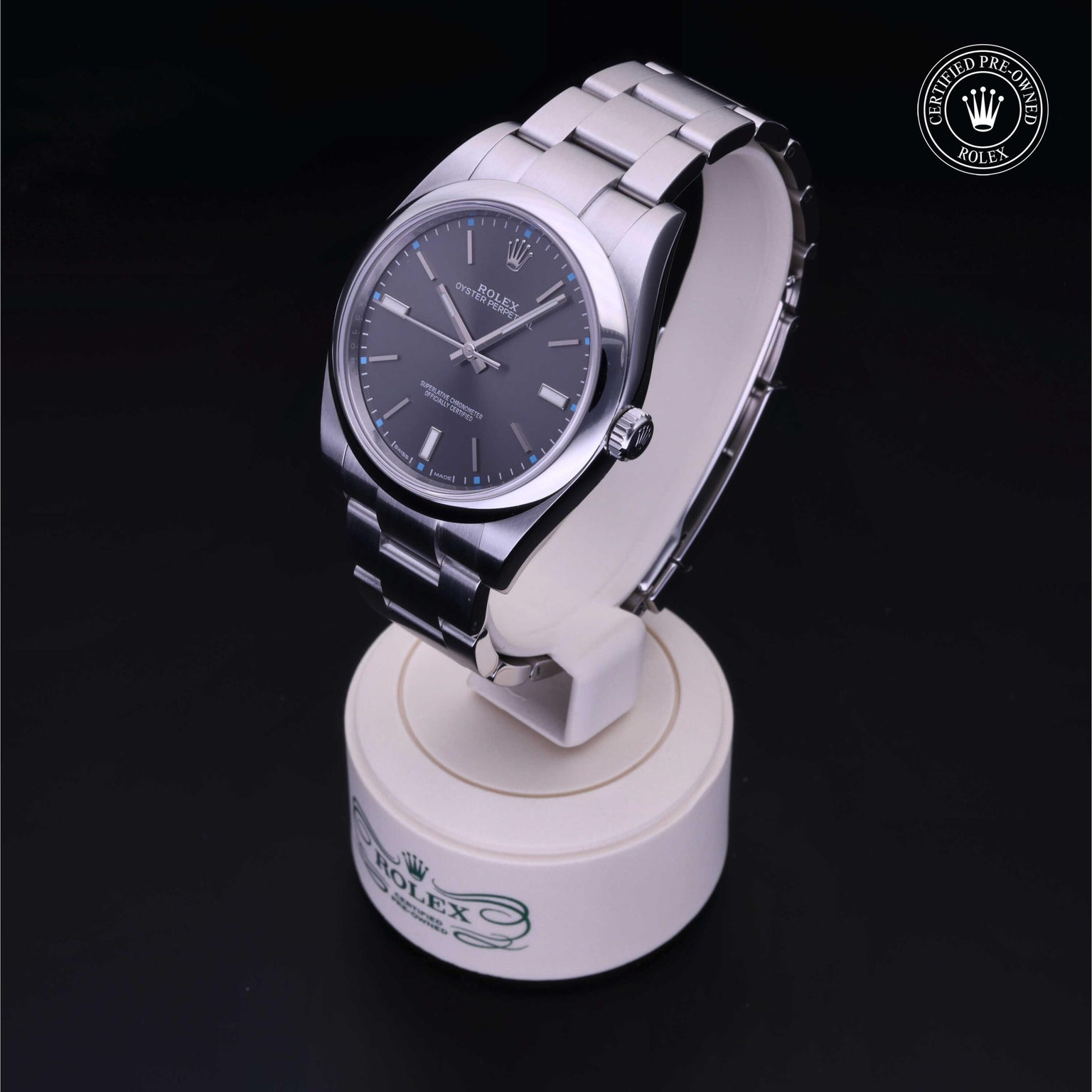 Rolex Certified Pre-owned Oyster Perpetual M114300-0001 front on black background