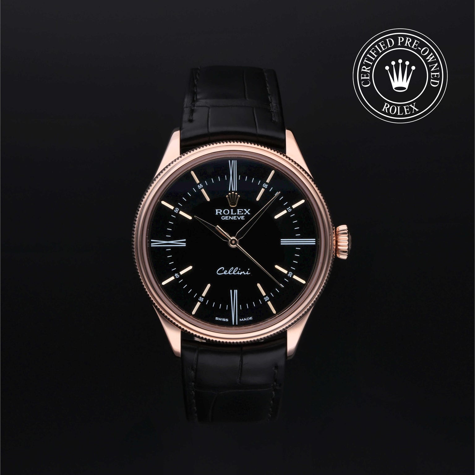 Rolex Certified Pre-owned Cellini M50505-0009 front on black background
