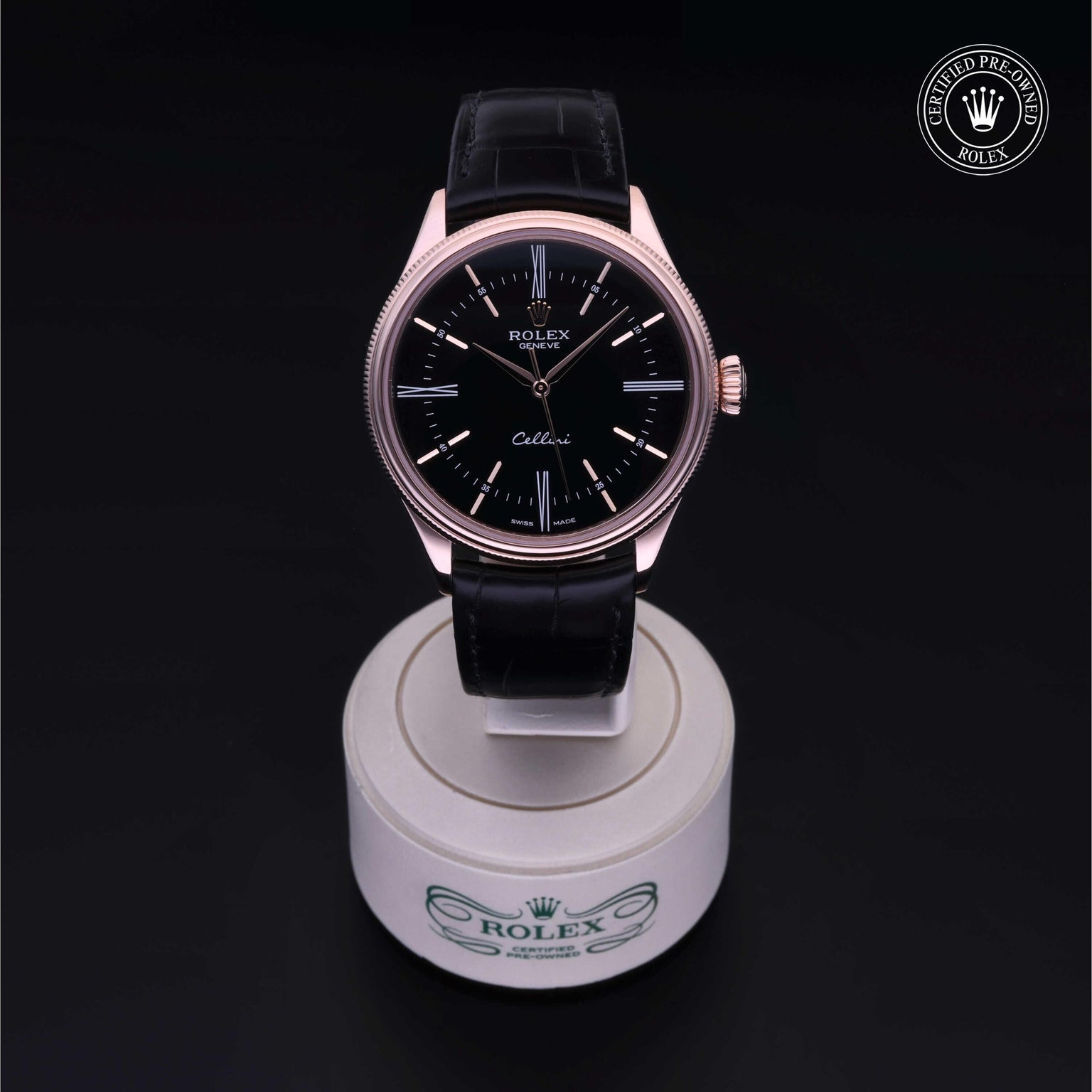 Rolex Certified Pre-owned Cellini M50505-0009 front on black background
