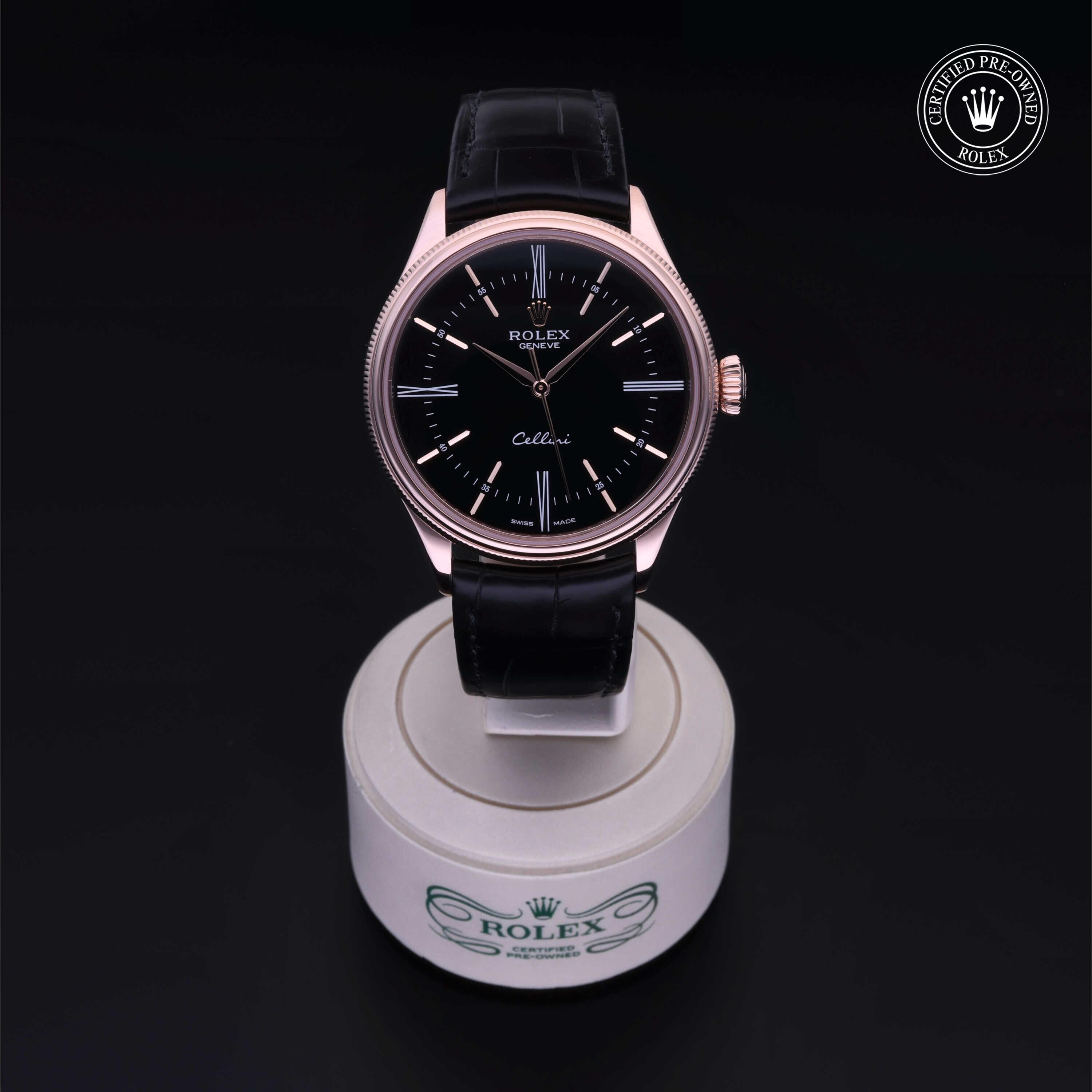 Rolex Certified Pre-owned Cellini M50505-0009 front on black background