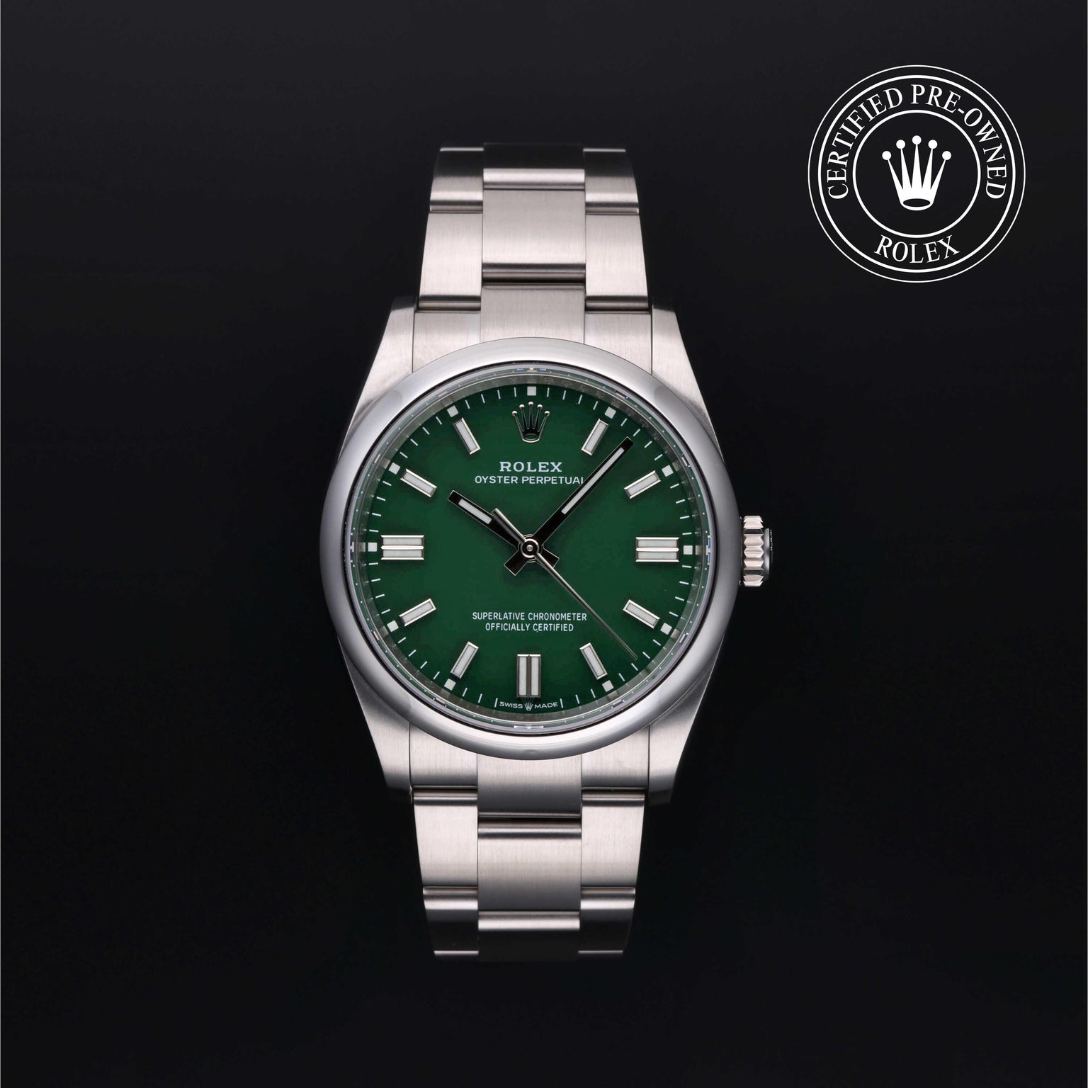 Rolex Certified Pre-owned Oyster Perpetual M126000-0005 front on black background