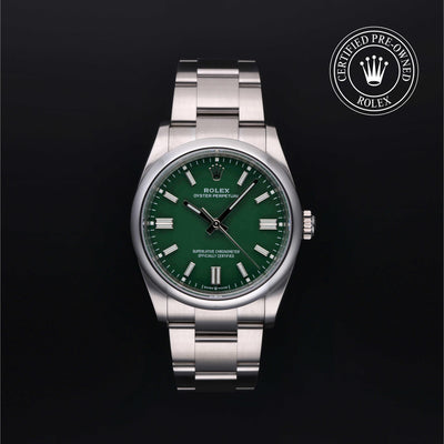 Rolex Certified Pre-owned Oyster Perpetual M126000-0005 front on black background